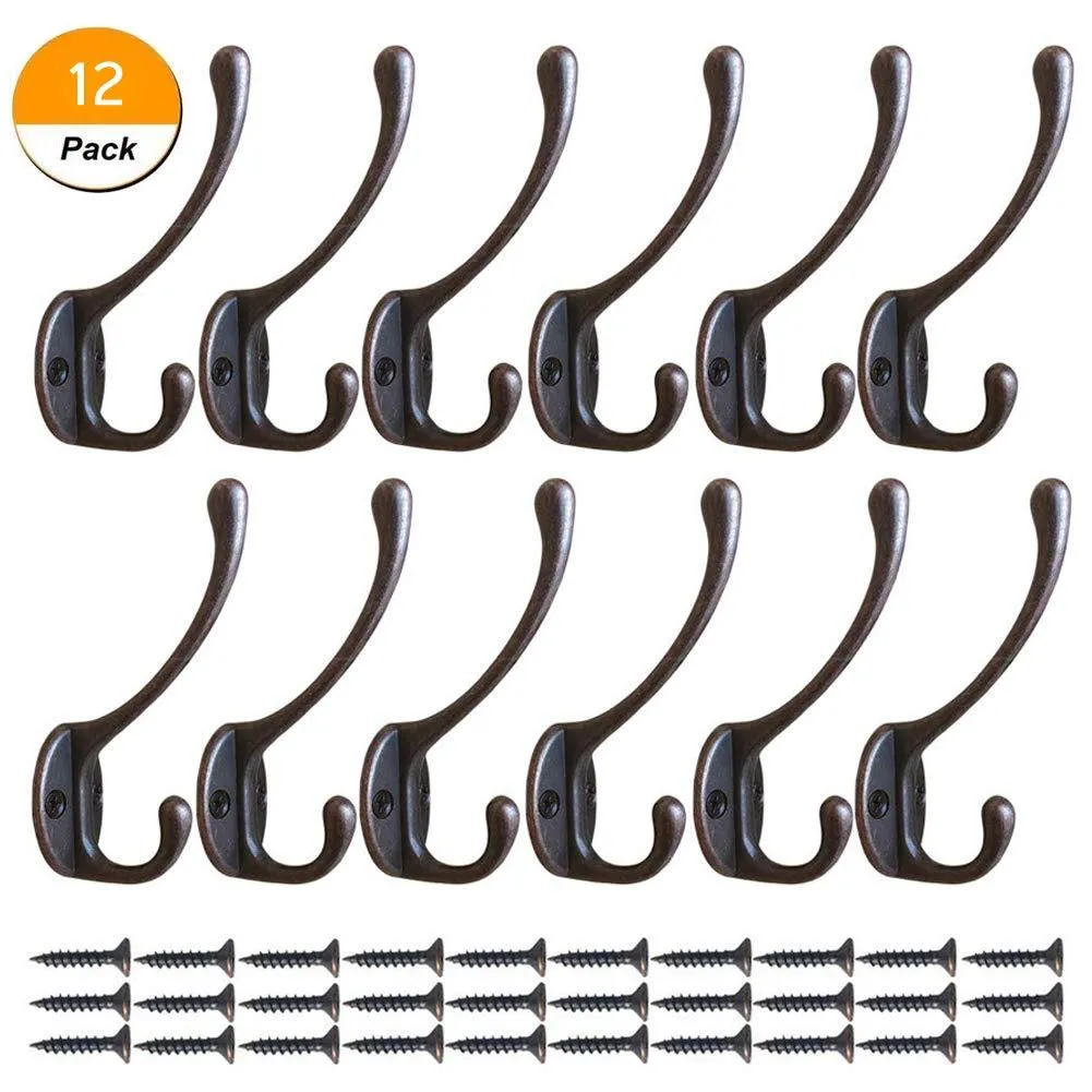 12 Pcs Heavy Duty Dual Coat Hooks Wall Mounted with 30 Screws Retro Double Utility Rustic Hooks for Coat, Scarf, Bag, Towel, Key, Cap, Cup, Hat (Vintage Copper)