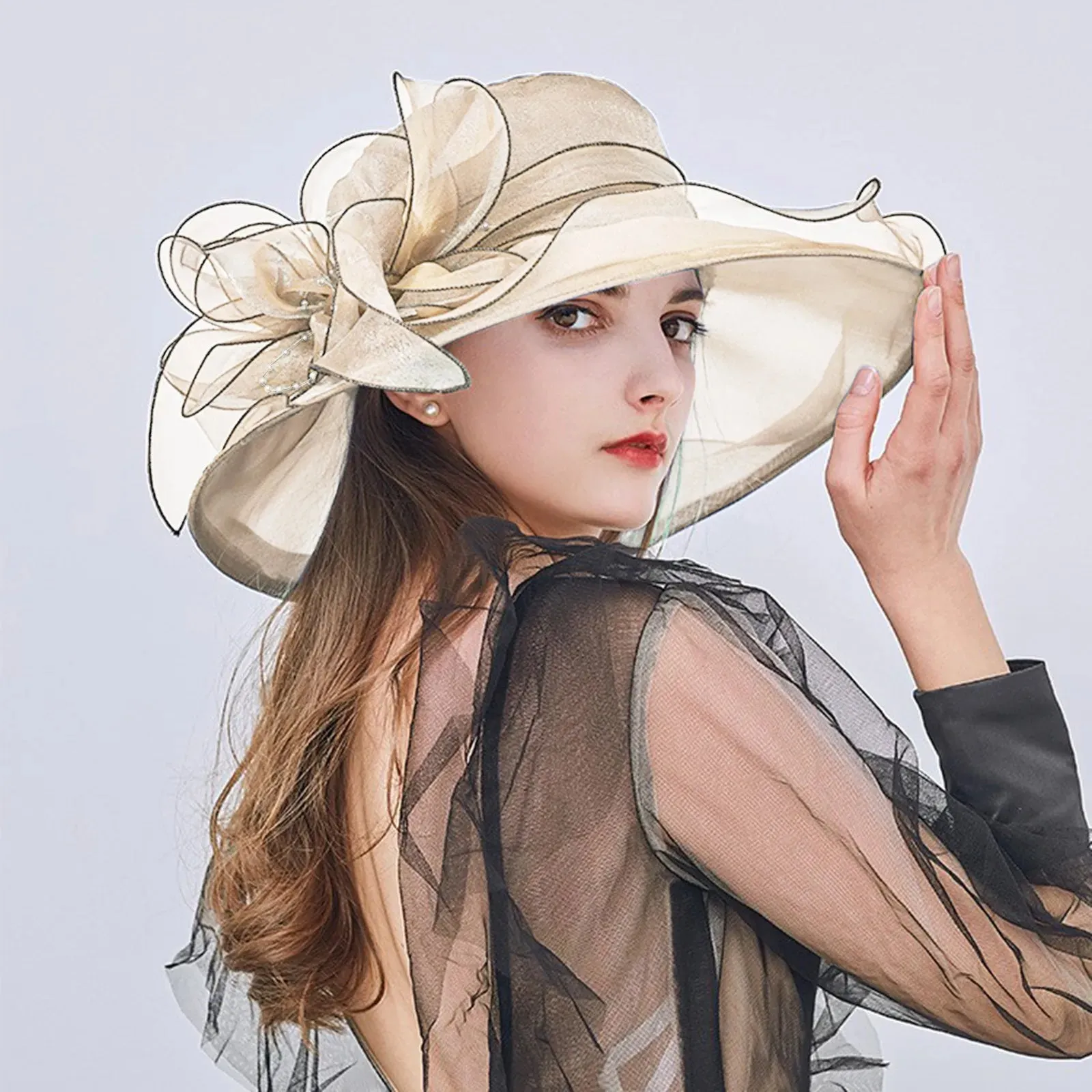 2023 Summer Floppy Wide Brim Sun Hat Women Sun Cap Outdoor Holiday Lady beach Casual Fashion Elegant Flower Organza Top Hat