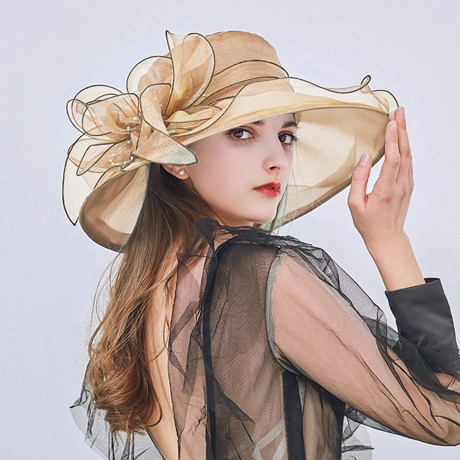2023 Summer Floppy Wide Brim Sun Hat Women Sun Cap Outdoor Holiday Lady beach Casual Fashion Elegant Flower Organza Top Hat