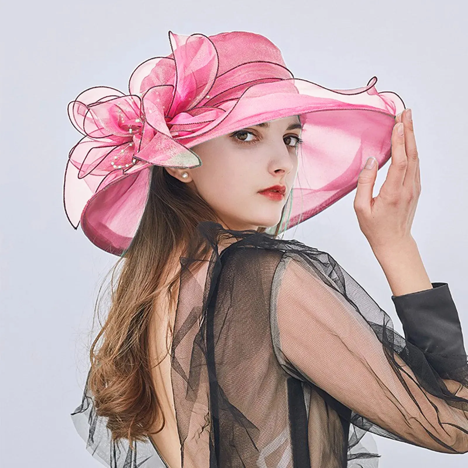 2023 Summer Floppy Wide Brim Sun Hat Women Sun Cap Outdoor Holiday Lady beach Casual Fashion Elegant Flower Organza Top Hat
