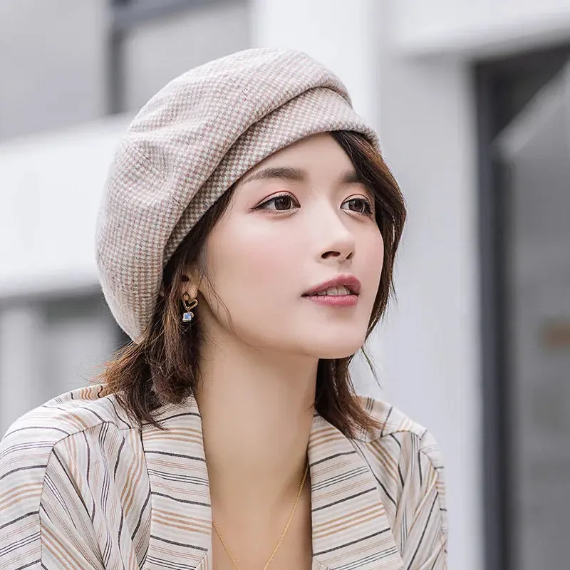 2024 Simple Women  Beret for Elegant Lady Winter Female Cotton Hats Plaid Vintage Octagonal Casual Autumn Cap