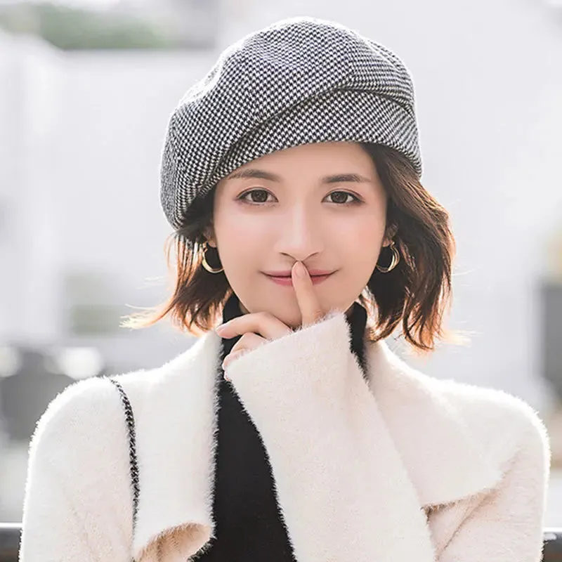 2024 Simple Women  Beret for Elegant Lady Winter Female Cotton Hats Plaid Vintage Octagonal Casual Autumn Cap