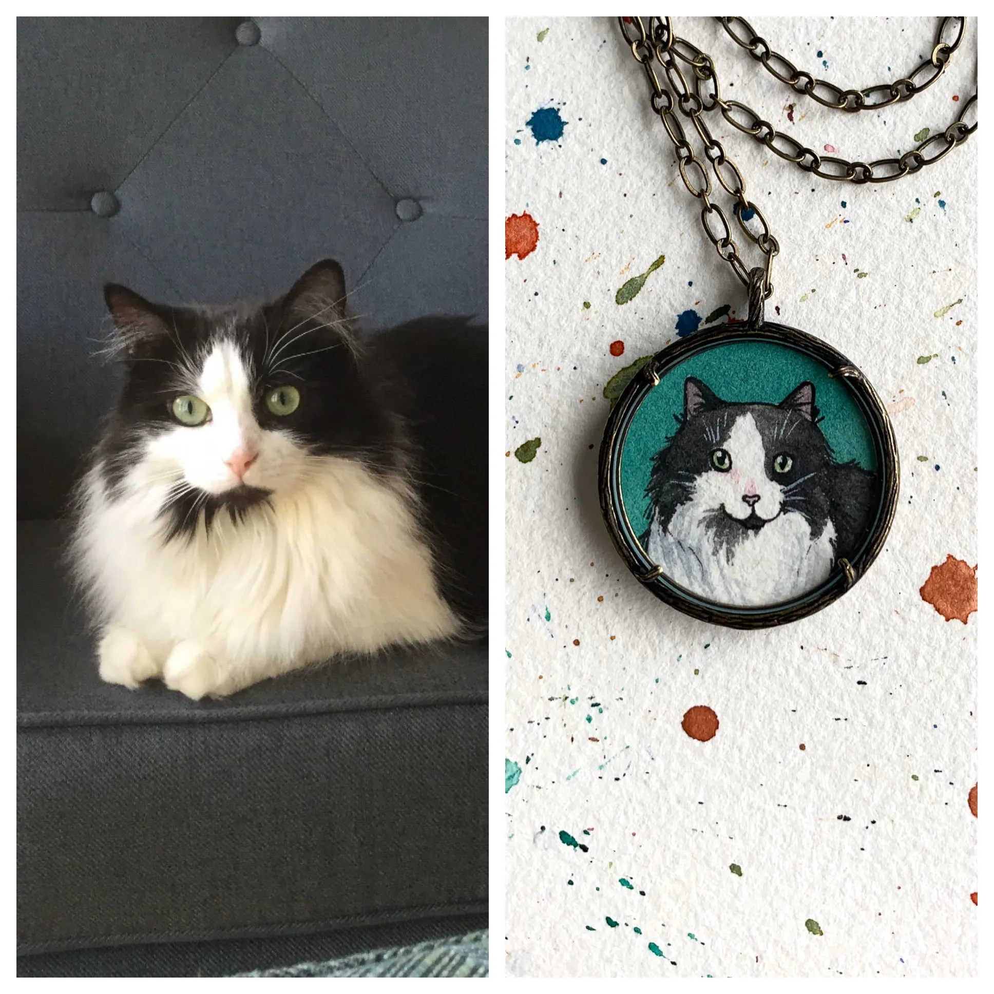 A Custom Cat Portrait Hand Painted Necklace, Original Watercolor Pet Portrait Painting by Heather Kent