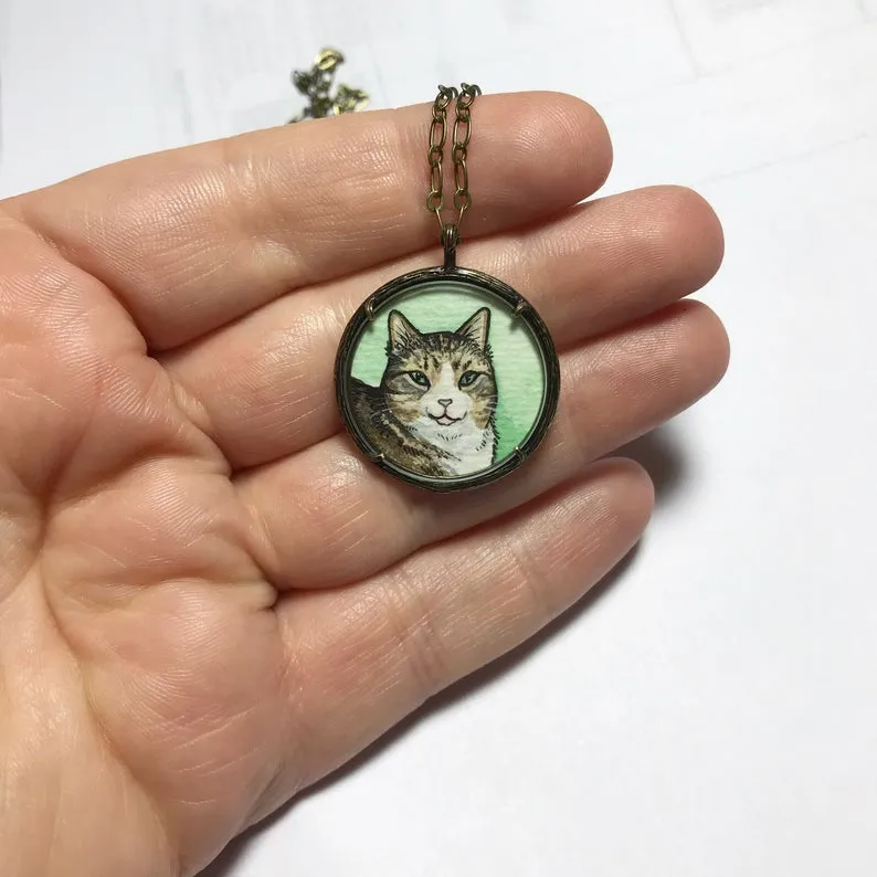 A Custom Cat Portrait Hand Painted Necklace, Original Watercolor Pet Portrait Painting by Heather Kent