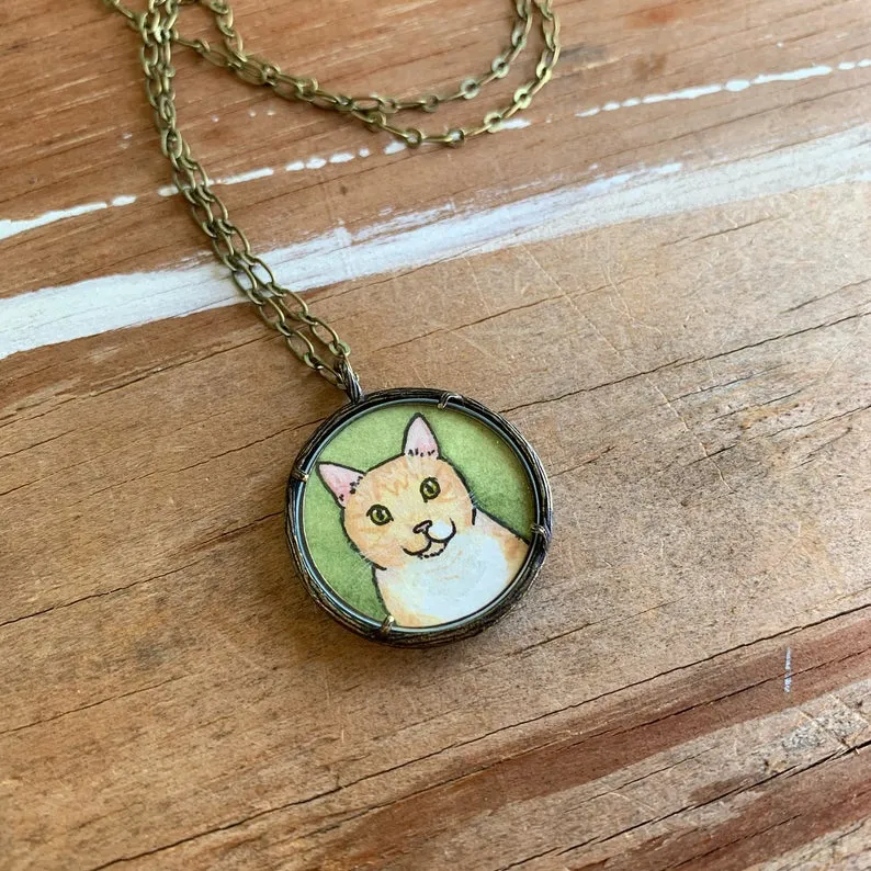 A Custom Cat Portrait Hand Painted Necklace, Original Watercolor Pet Portrait Painting by Heather Kent