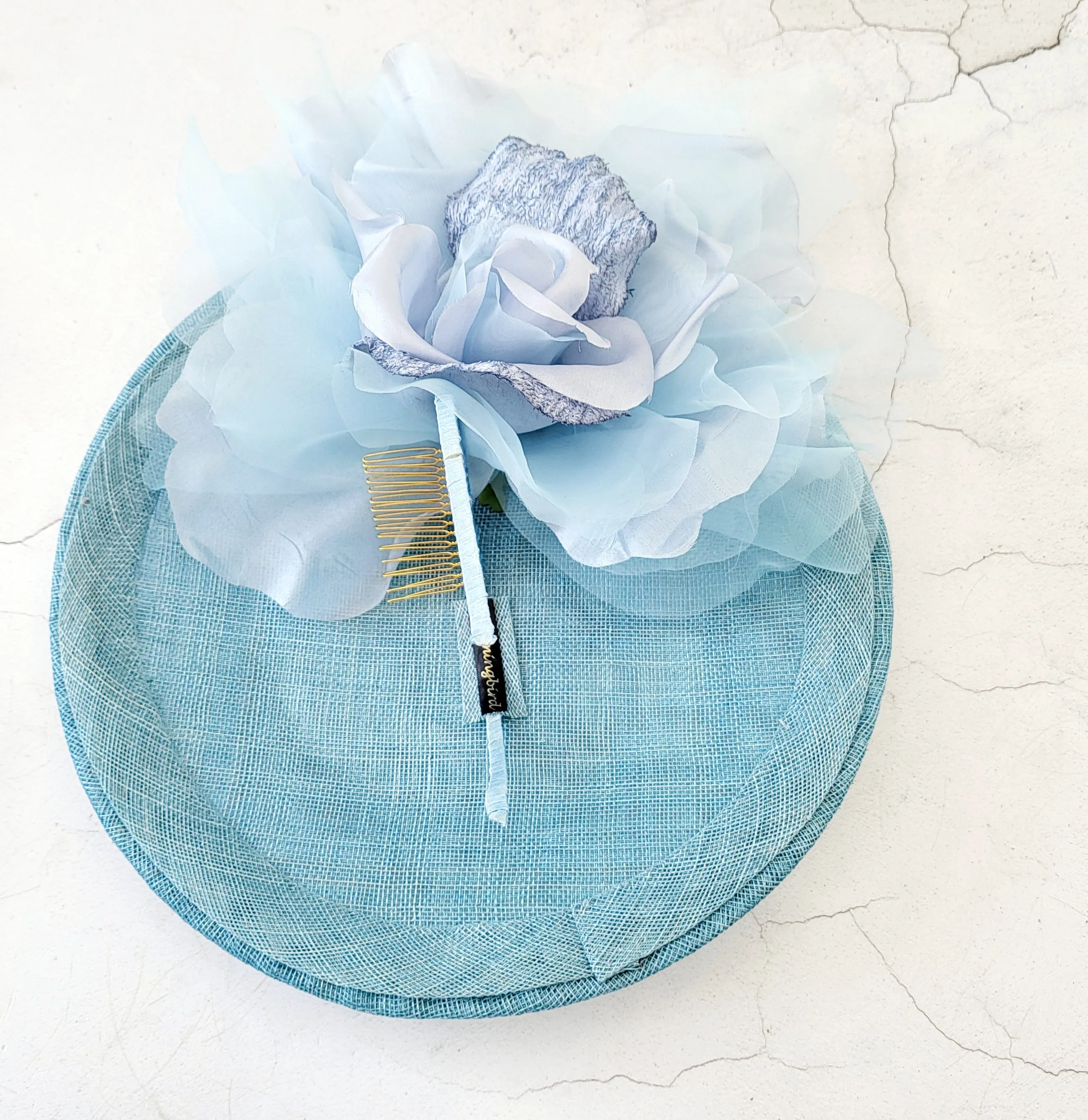 Baby Powder Blue Large Flower Fascinator, Percher Hat with Bows