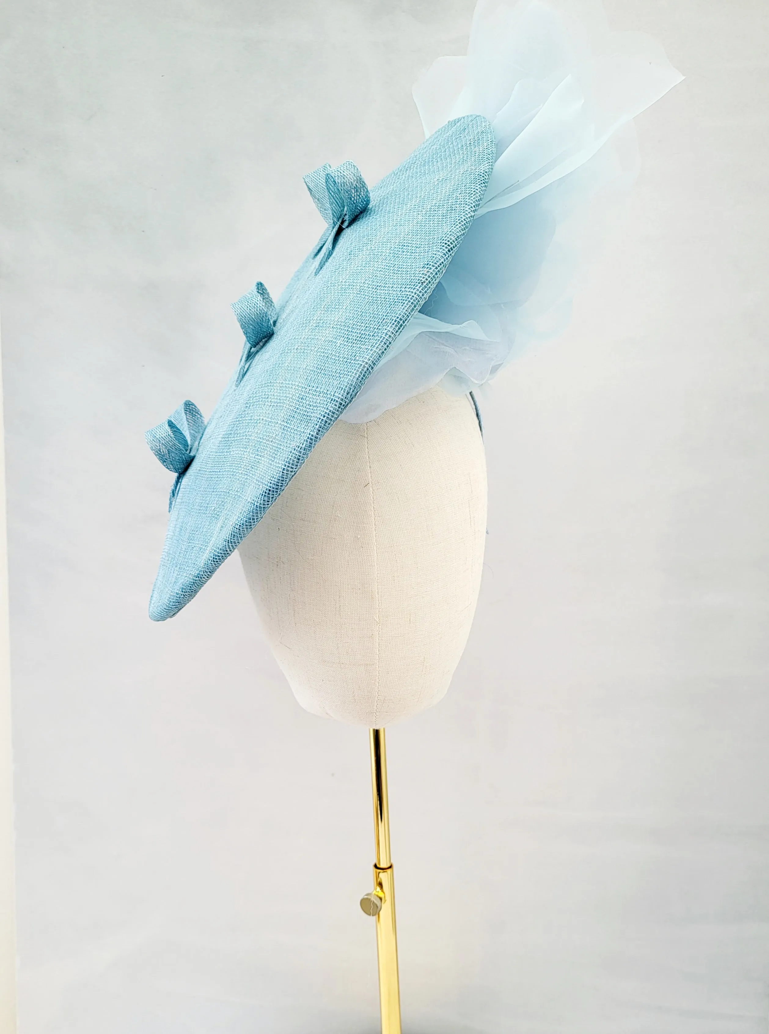 Baby Powder Blue Large Flower Fascinator, Percher Hat with Bows