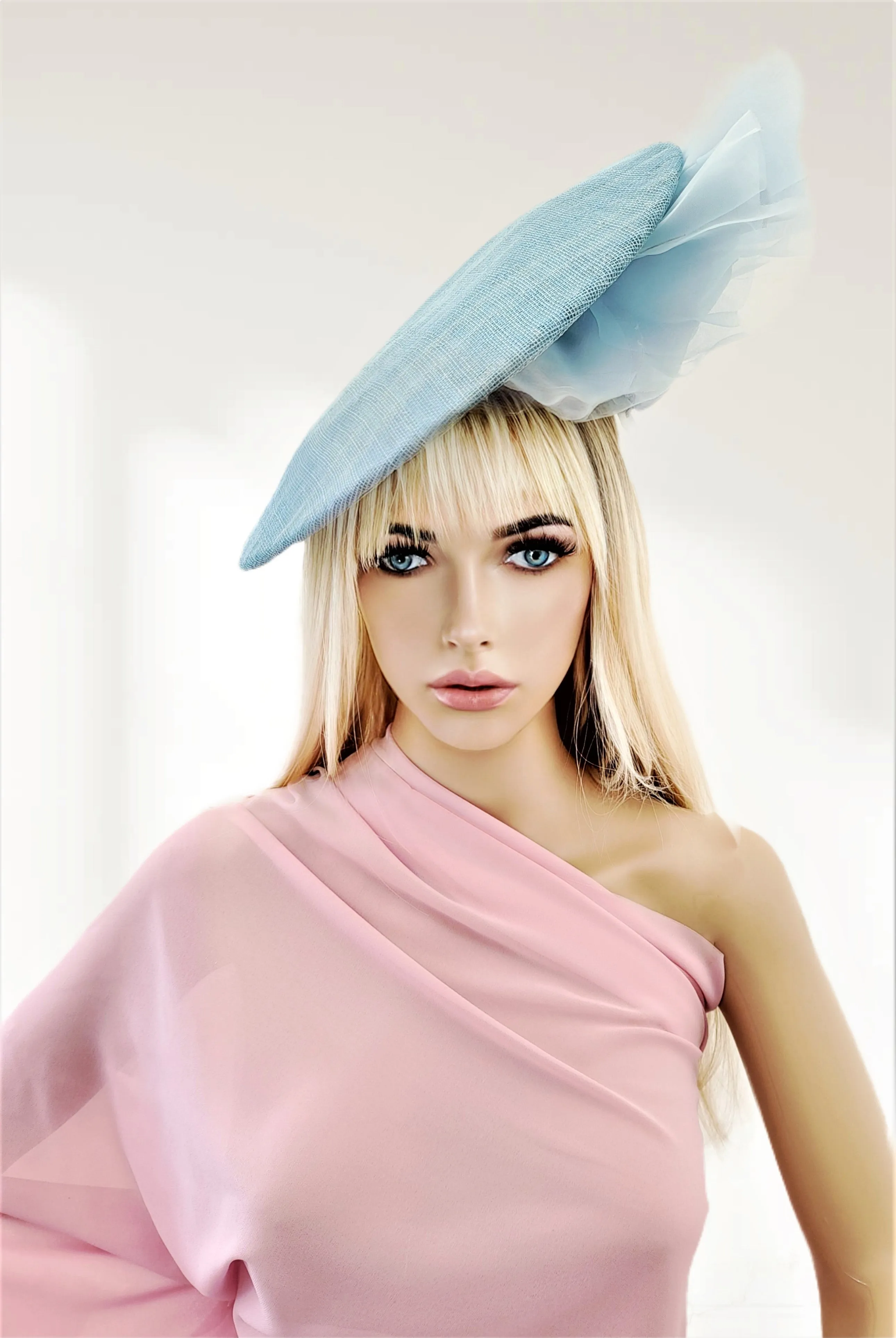 Baby Powder Blue Large Flower Fascinator, Percher Hat with Bows