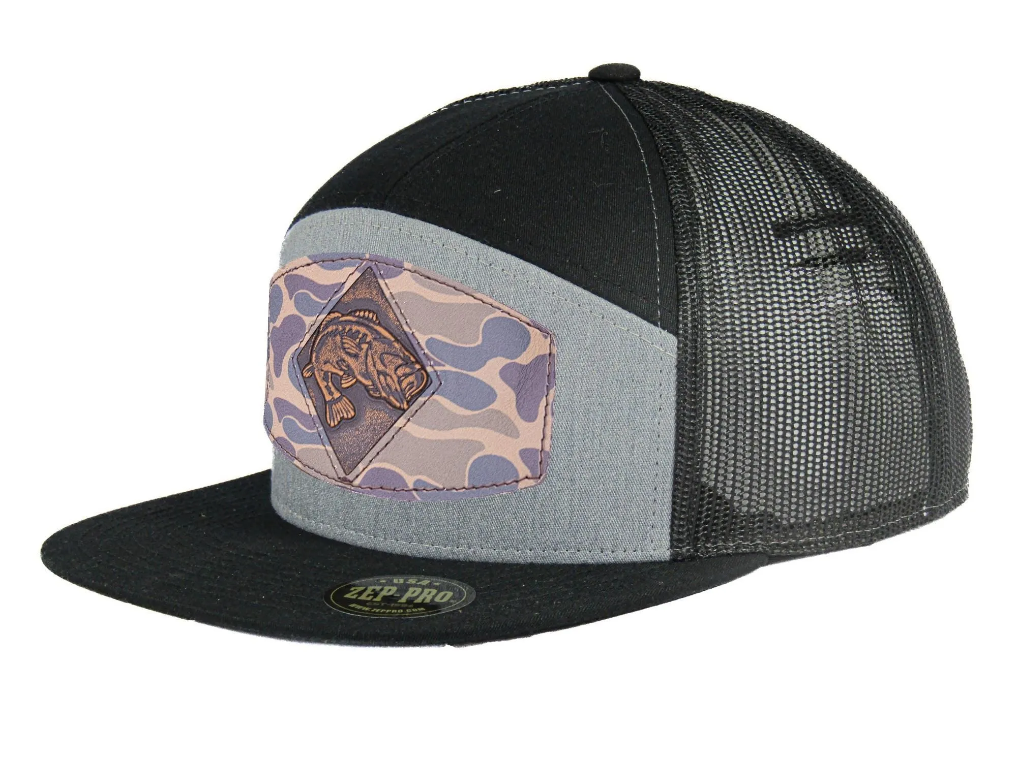 Bass Old School Camo Brown Leather Patch Hat. 7-Panel Modern Flat Bill Cap. Richardson 168 Trucker Snapback Hat. Hand Burnished Leather Patch