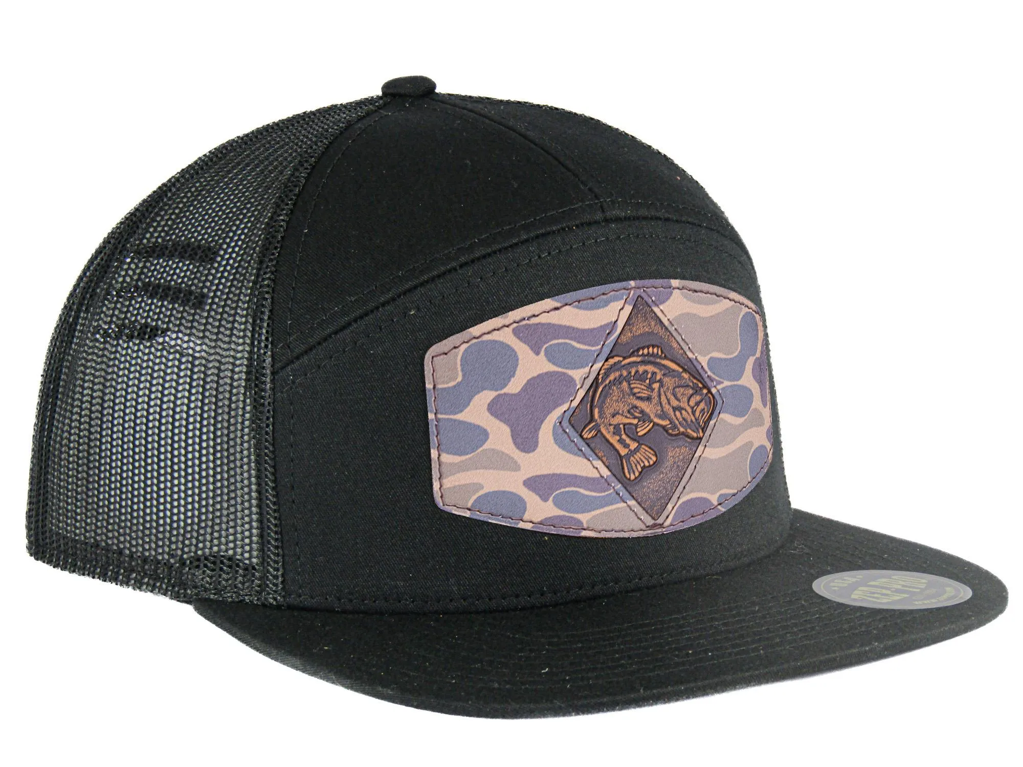 Bass Old School Camo Brown Leather Patch Hat. 7-Panel Modern Flat Bill Cap. Richardson 168 Trucker Snapback Hat. Hand Burnished Leather Patch