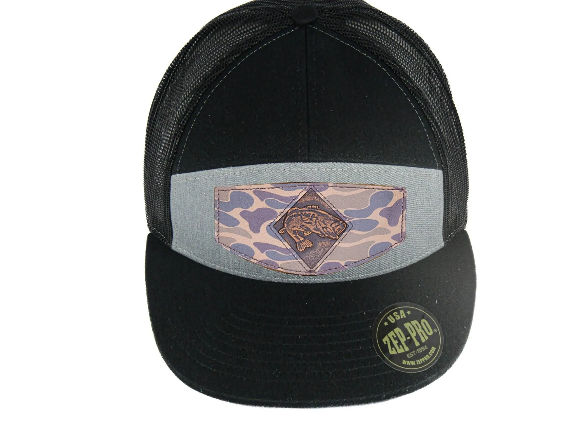 Bass Old School Camo Brown Leather Patch Hat. 7-Panel Modern Flat Bill Cap. Richardson 168 Trucker Snapback Hat. Hand Burnished Leather Patch