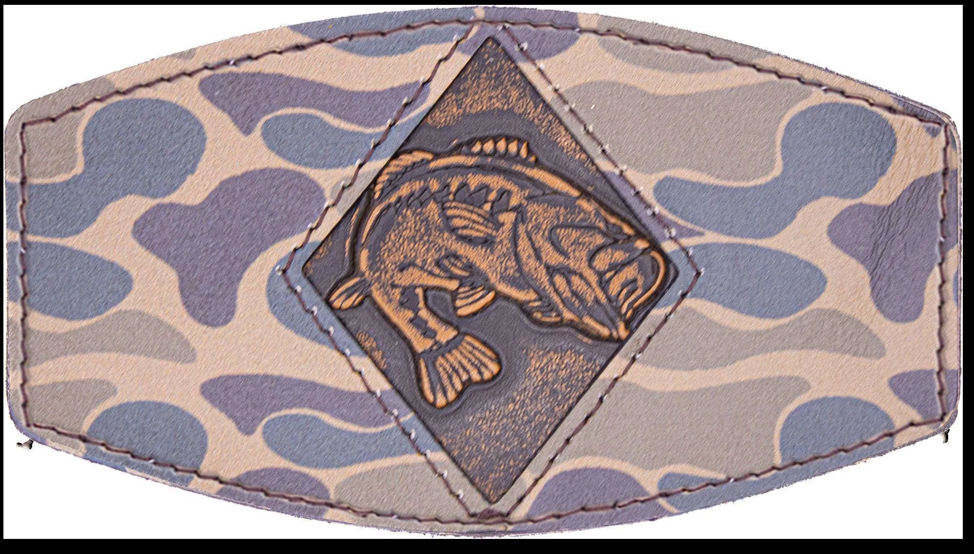 Bass Old School Camo Brown Leather Patch Hat. 7-Panel Modern Flat Bill Cap. Richardson 168 Trucker Snapback Hat. Hand Burnished Leather Patch