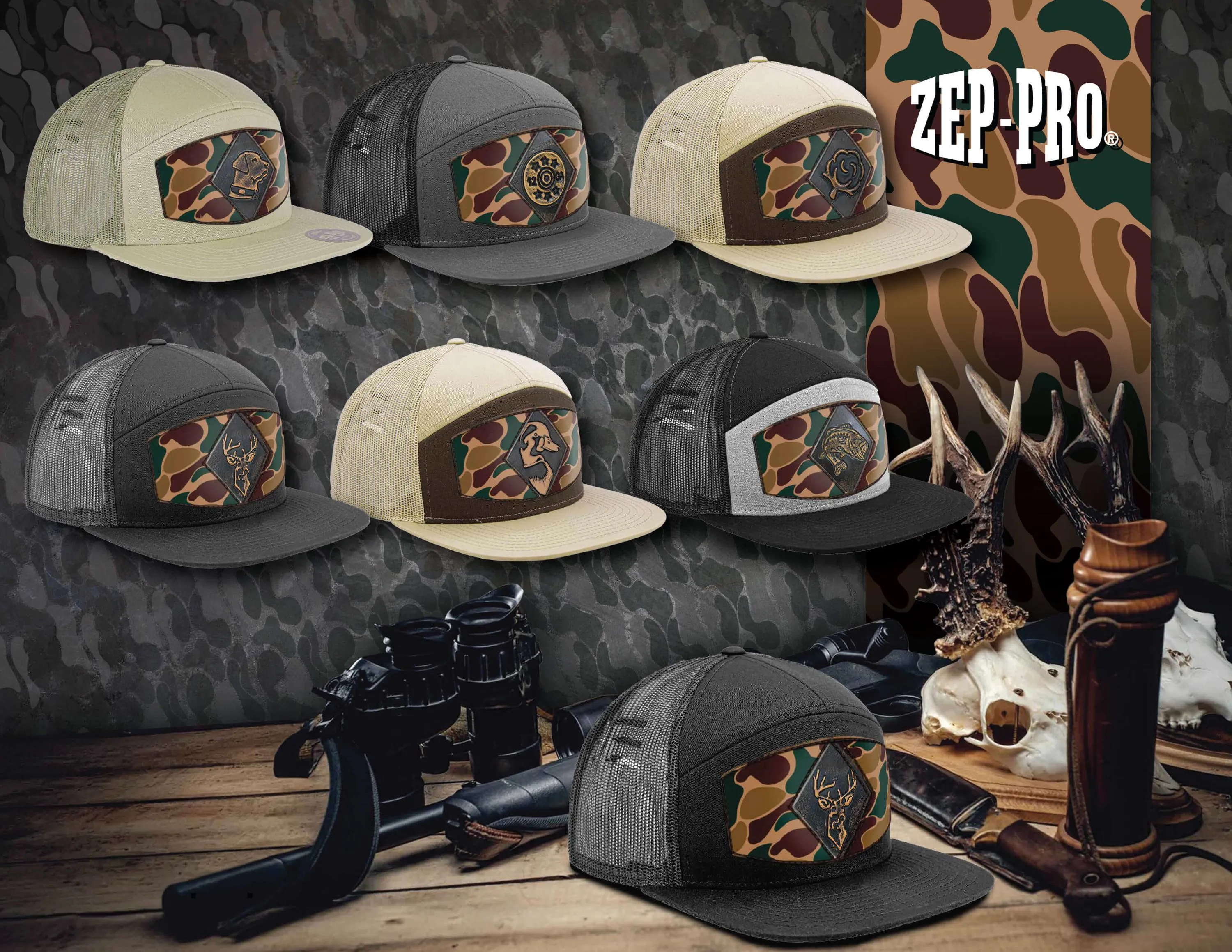 Bass Old School Camo Brown Leather Patch Hat. 7-Panel Modern Flat Bill Cap. Richardson 168 Trucker Snapback Hat. Hand Burnished Leather Patch