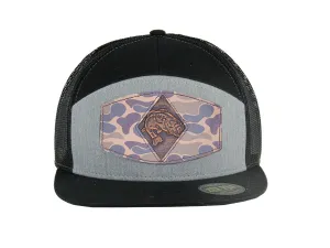Bass Old School Camo Brown Leather Patch Hat. 7-Panel Modern Flat Bill Cap. Richardson 168 Trucker Snapback Hat. Hand Burnished Leather Patch