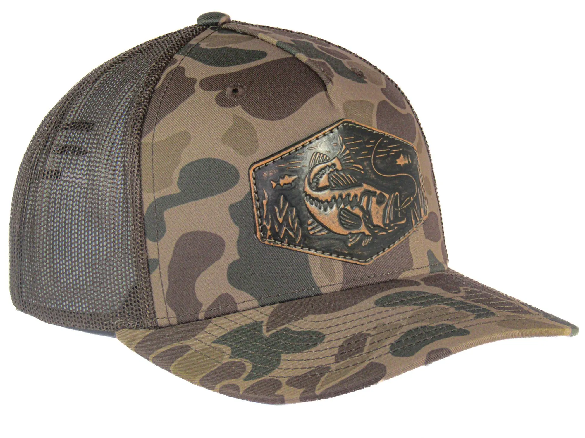 Bass Old School Camo Trucker Hat. Hand Burnished Full Grain Leather Patch. 5-Panel Richardson 112 Snapback Cap. Stitched Bass Leather Patch.