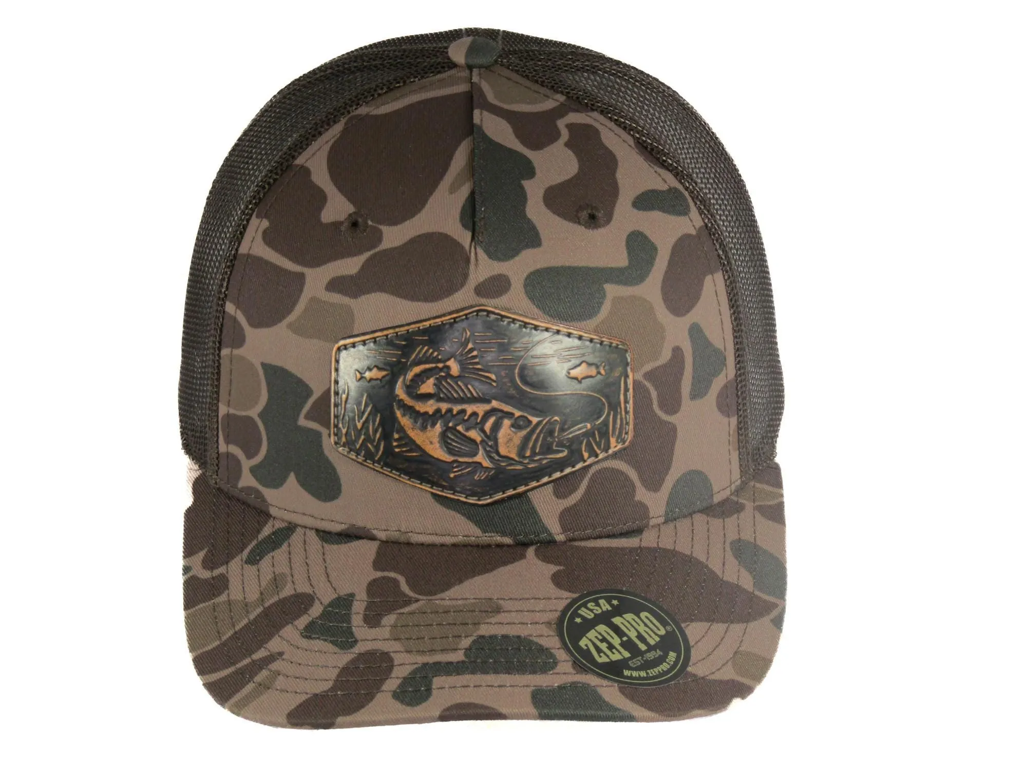 Bass Old School Camo Trucker Hat. Hand Burnished Full Grain Leather Patch. 5-Panel Richardson 112 Snapback Cap. Stitched Bass Leather Patch.