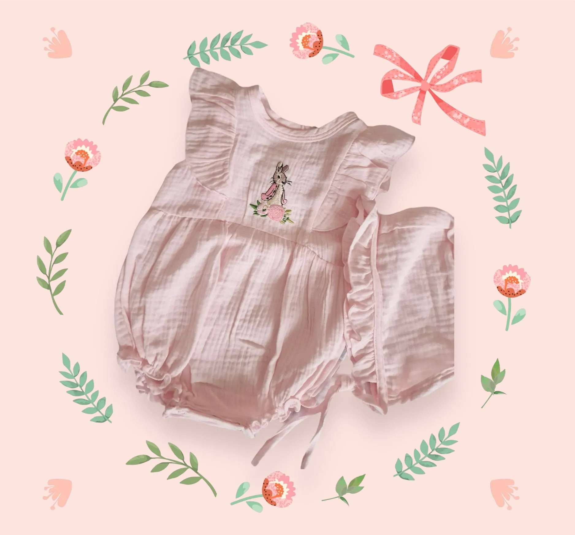 Beatrix potter Flopsy Bunny Pink spanish style  Romper with  bonnet