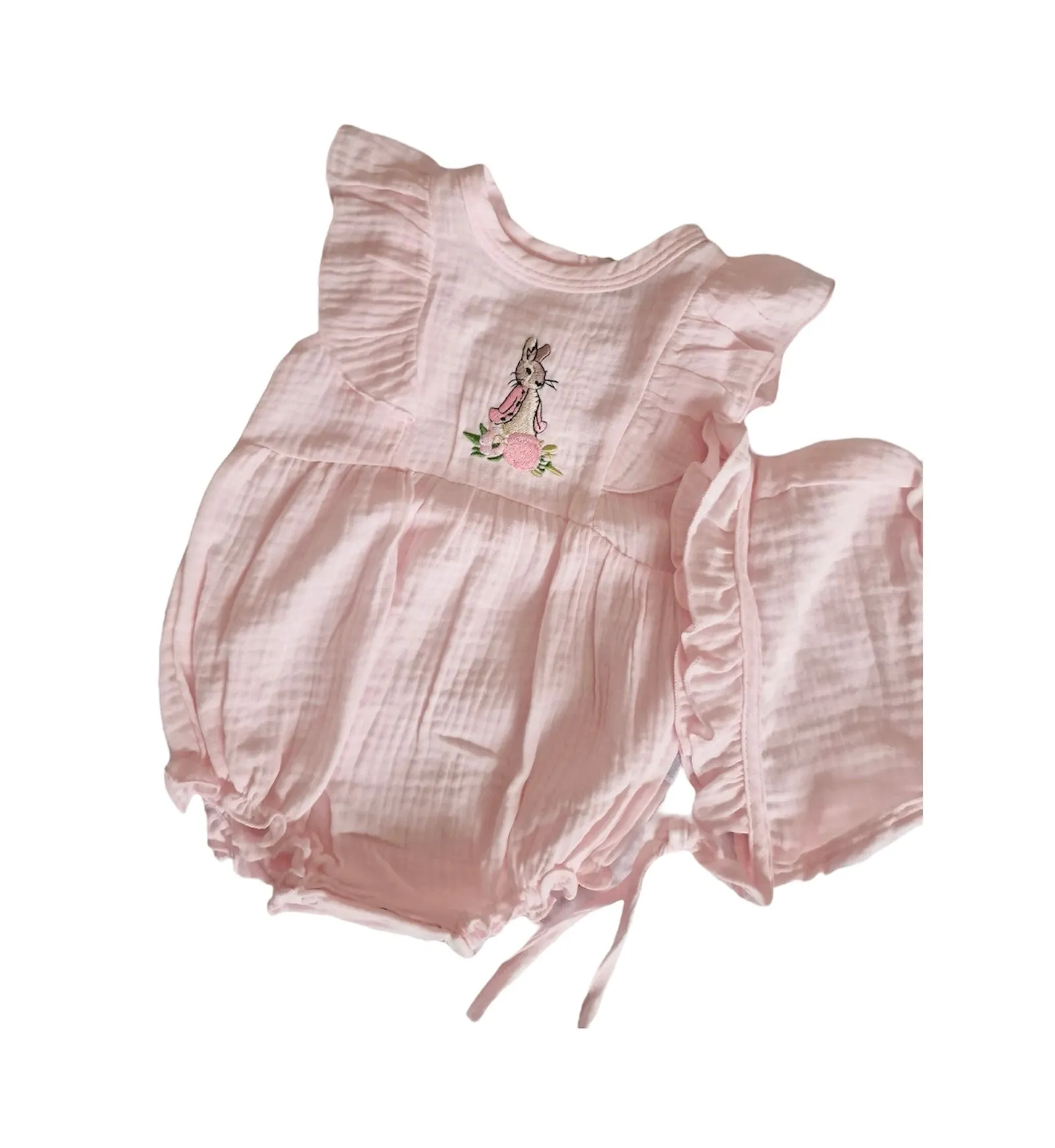 Beatrix potter Flopsy Bunny Pink spanish style  Romper with  bonnet