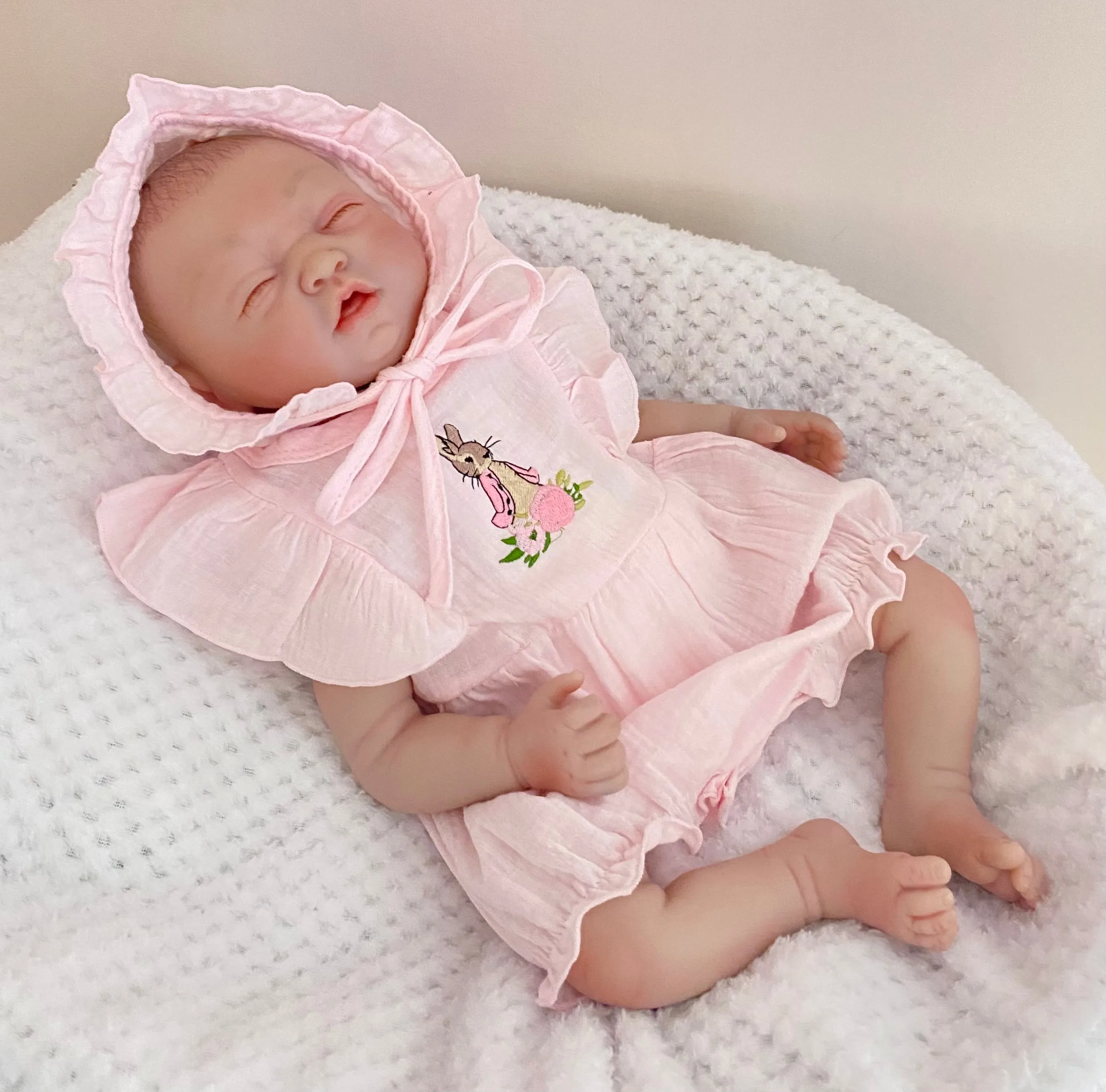 Beatrix potter Flopsy Bunny Pink spanish style  Romper with  bonnet