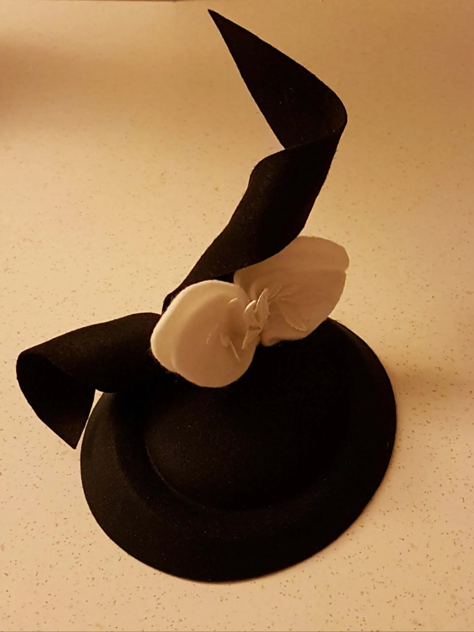 Black Pillbox felt Hat fascinator #Black hat with White felt leaves Ascot hat fascinator