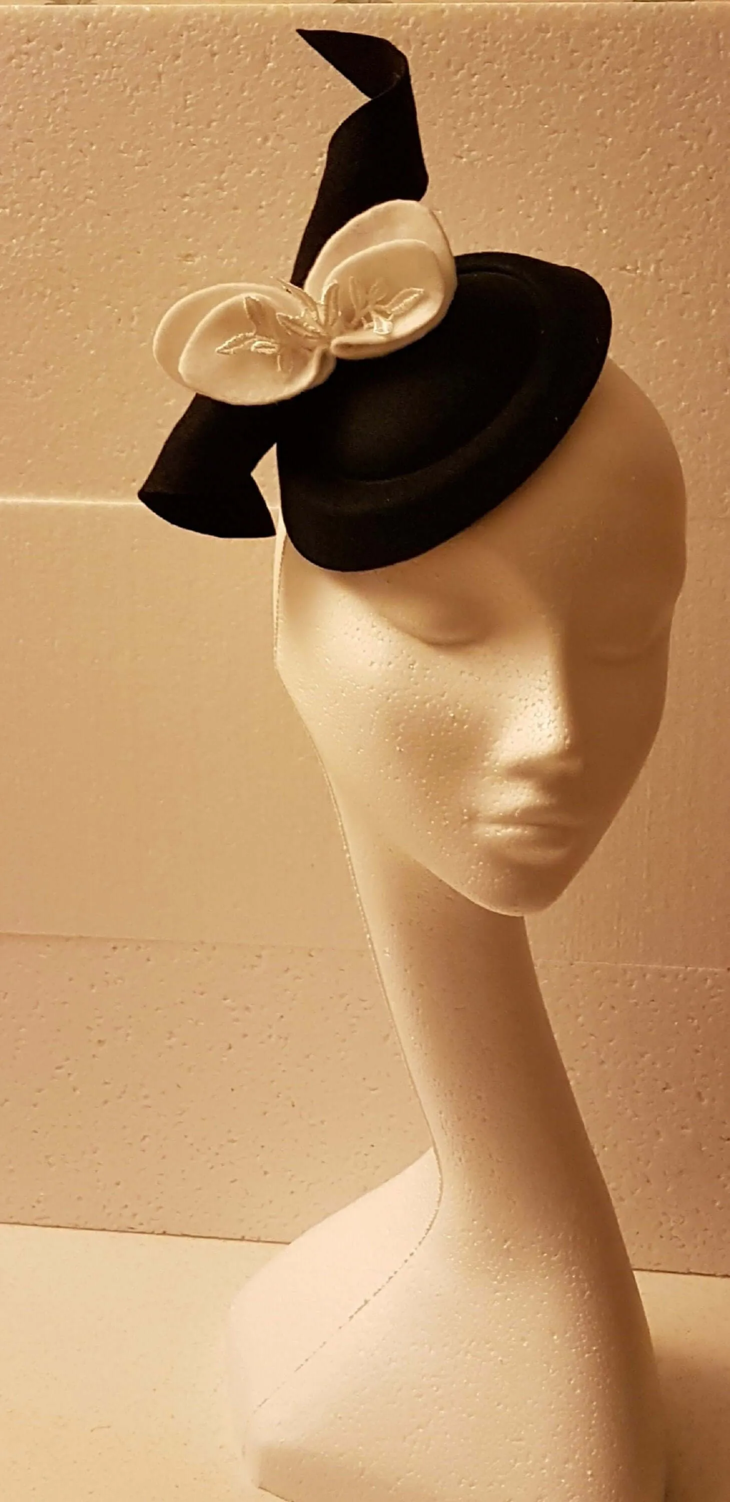 Black Pillbox felt Hat fascinator #Black hat with White felt leaves Ascot hat fascinator
