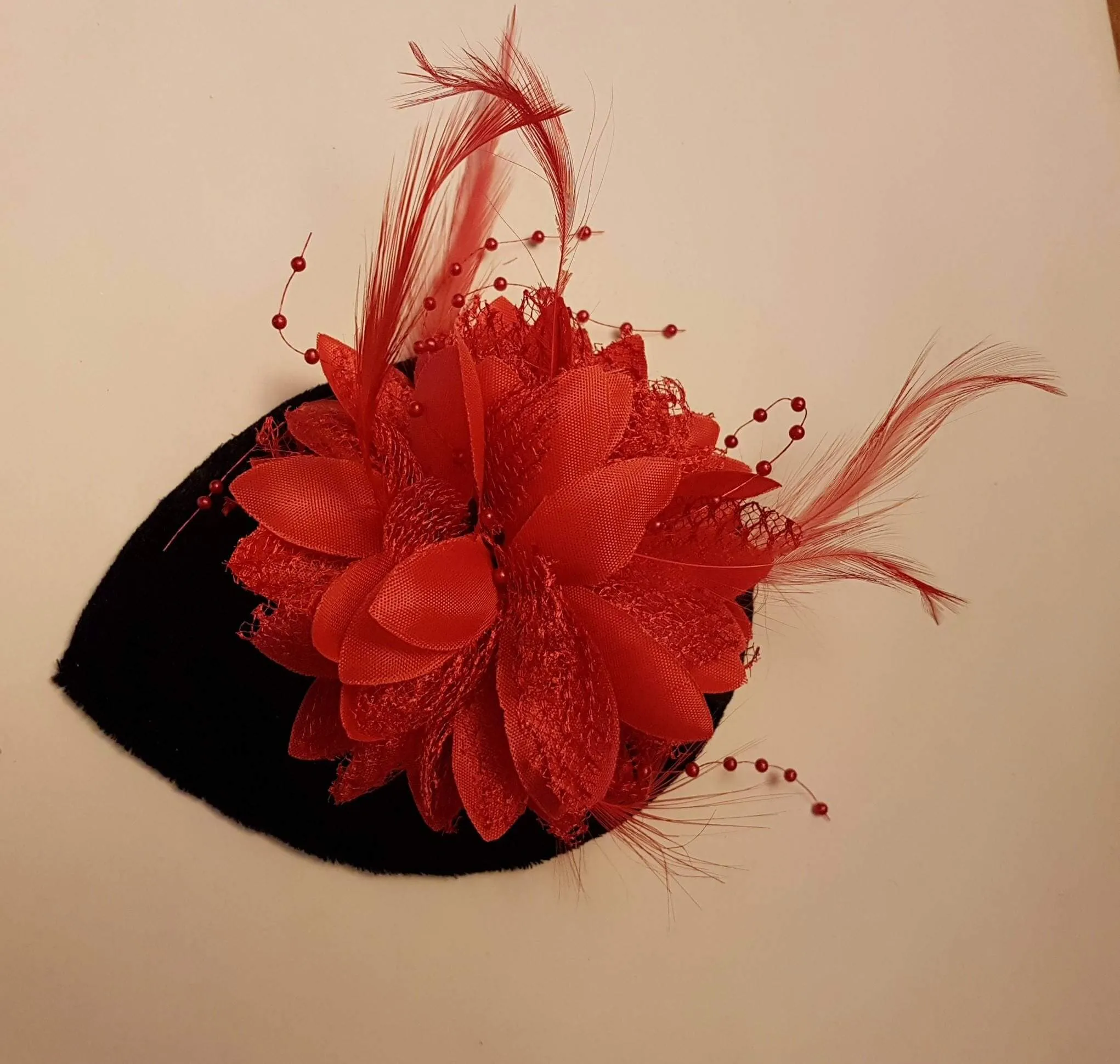 BLACK Velvet Small Teardrop Hat Fascinator. Floral Feather hat  Red White Black Floral hat