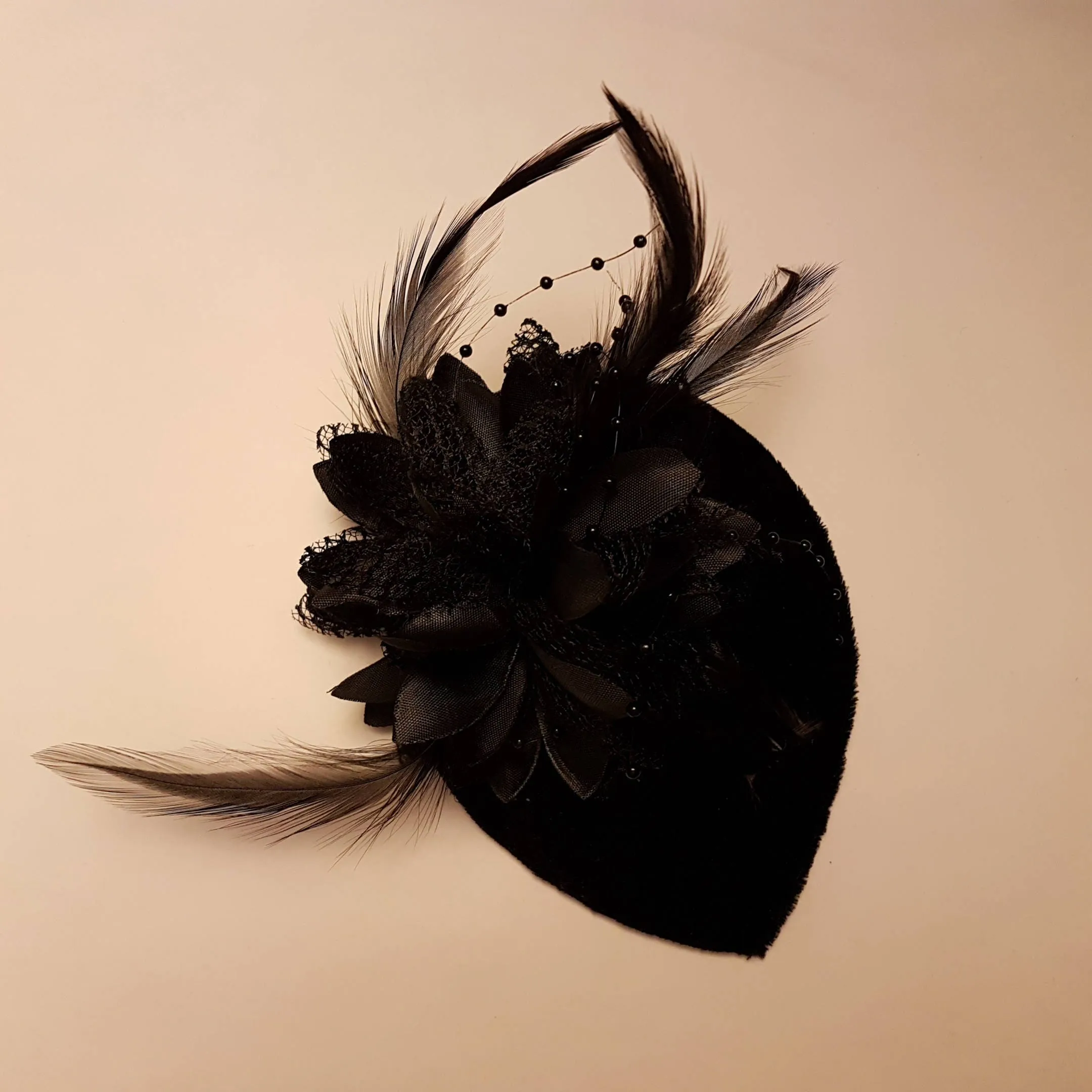 BLACK Velvet Small Teardrop Hat Fascinator. Floral Feather hat  Red White Black Floral hat