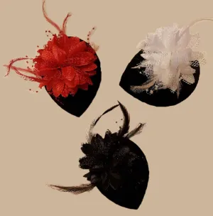 BLACK Velvet Small Teardrop Hat Fascinator. Floral Feather hat  Red White Black Floral hat