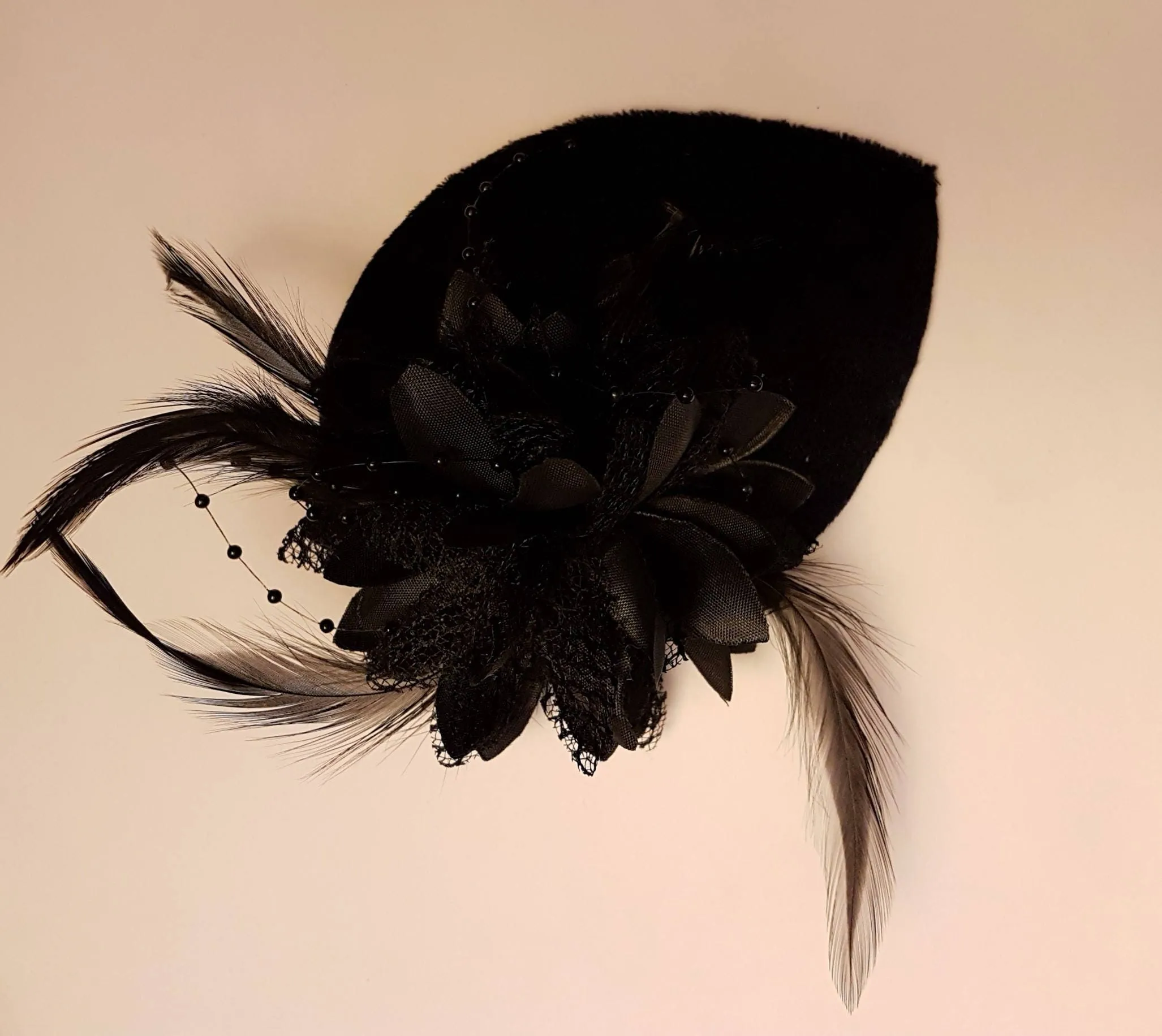 BLACK Velvet Small Teardrop Hat Fascinator. Floral Feather hat  Red White Black Floral hat