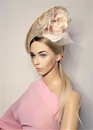 Blush Large Flower Fascinator, Percher Hat, Beige Saucer, Races , Hatinator, wedding headpiece,