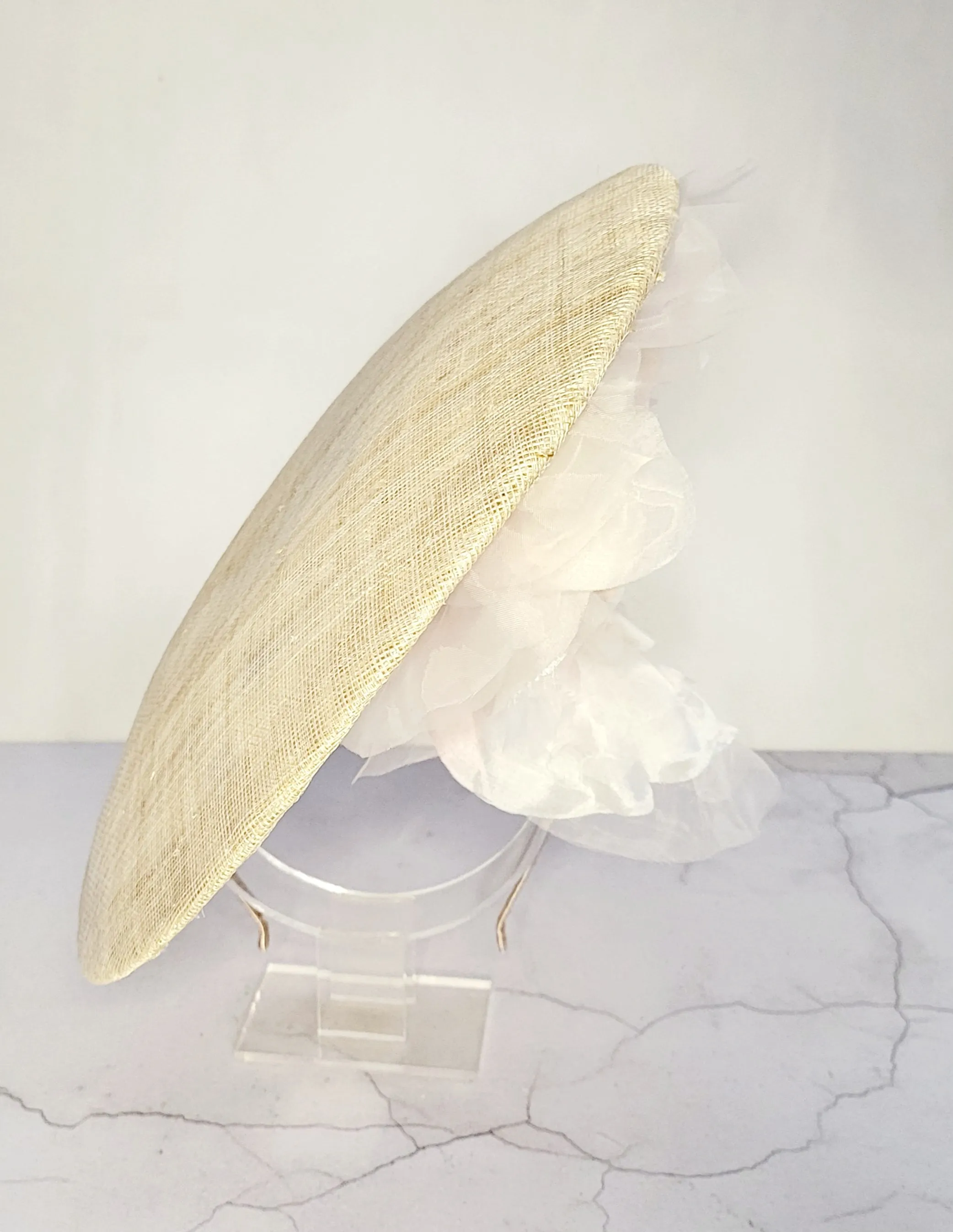 Blush Large Flower Fascinator, Percher Hat, Beige Saucer, Races , Hatinator, wedding headpiece,