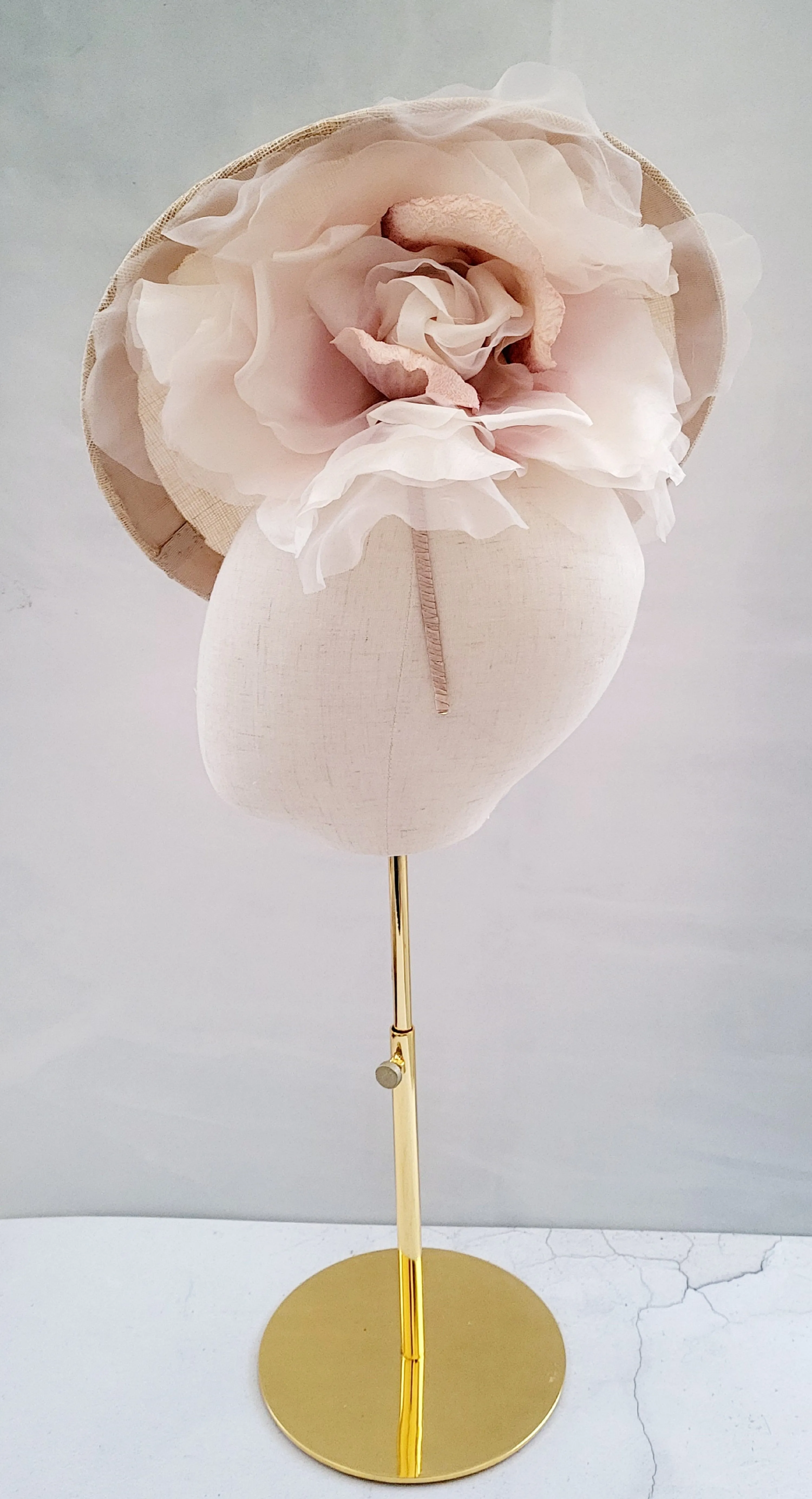 Blush Large Flower Fascinator, Percher Hat, Beige Saucer, Races , Hatinator, wedding headpiece,