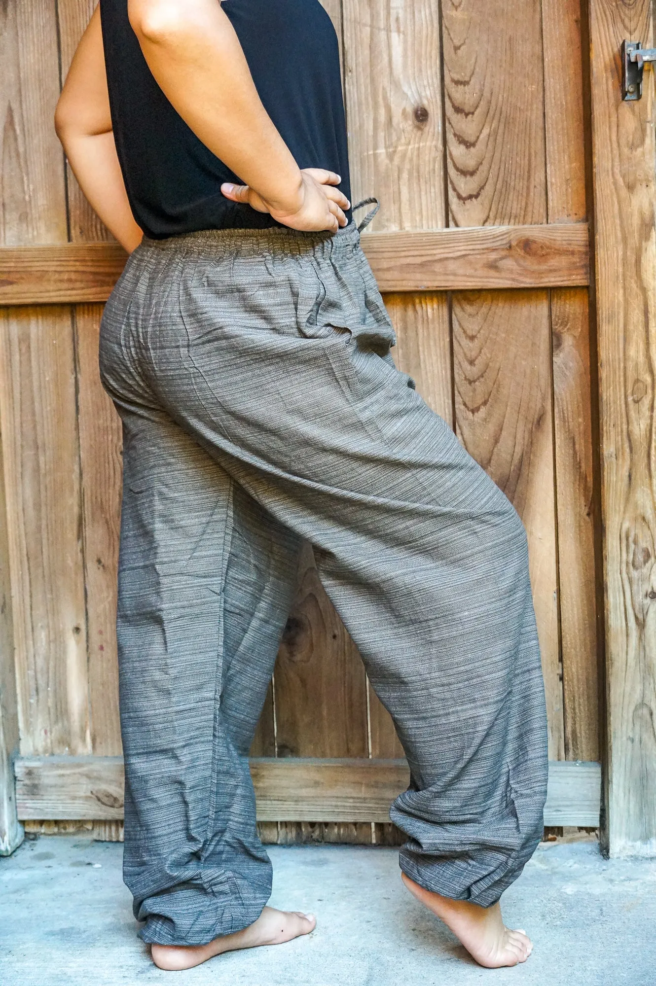 Bohemian Drawstring Slubbed Harem Pants- Gray