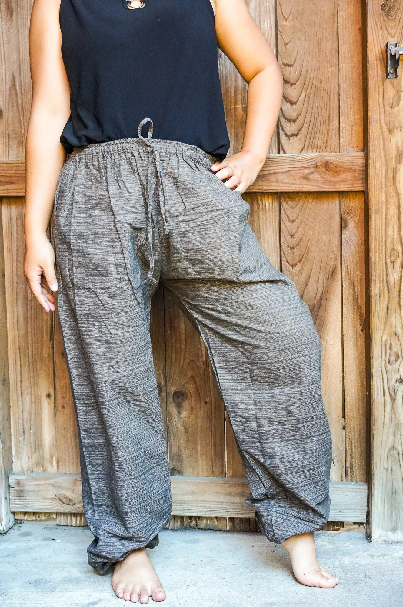 Bohemian Drawstring Slubbed Harem Pants- Gray