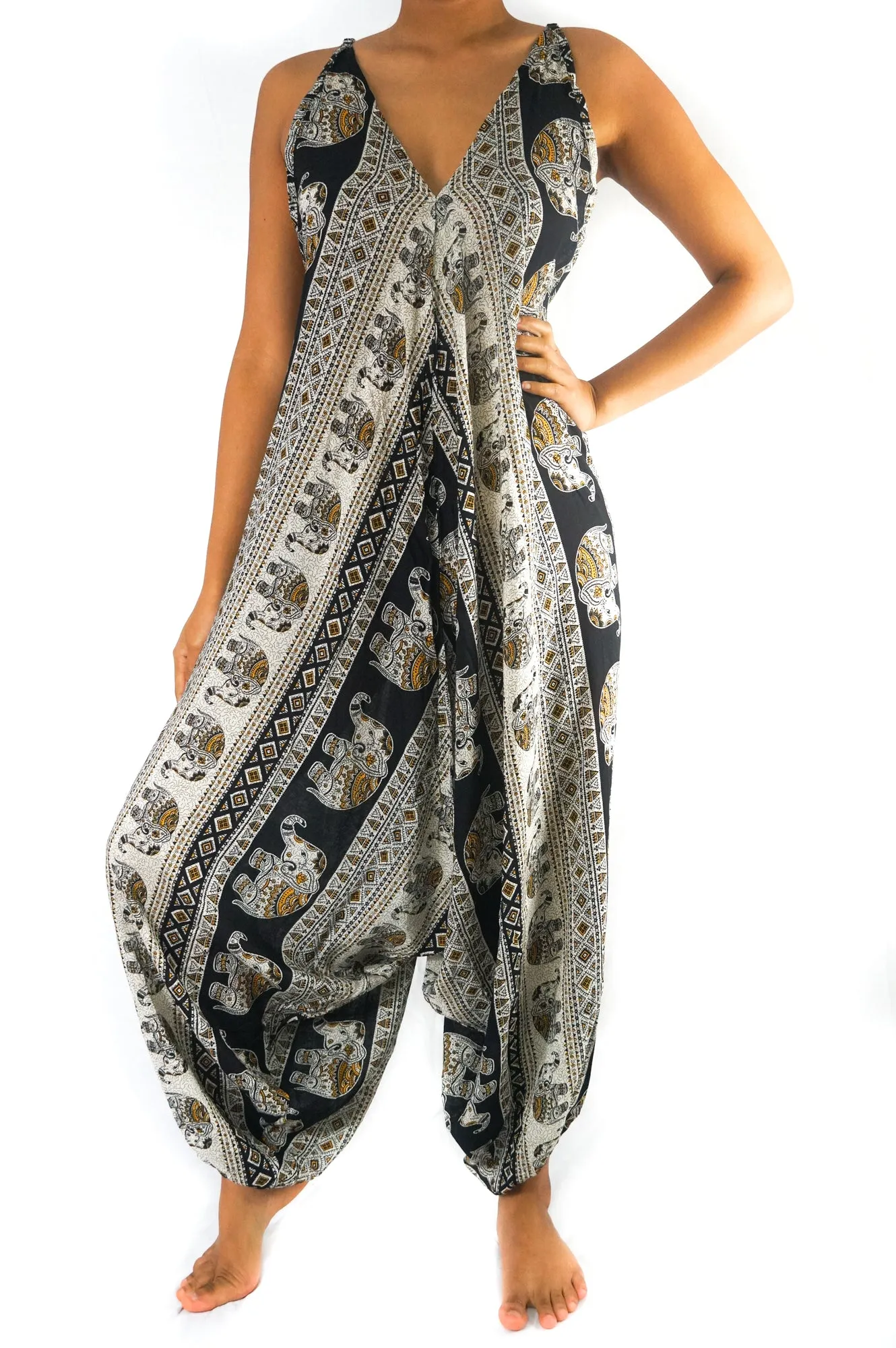 Bohemian Harem Jumpsuit- Black Elephant Tribal