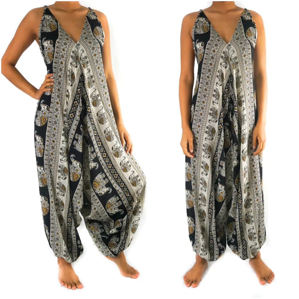 Bohemian Harem Jumpsuit- Black Elephant Tribal