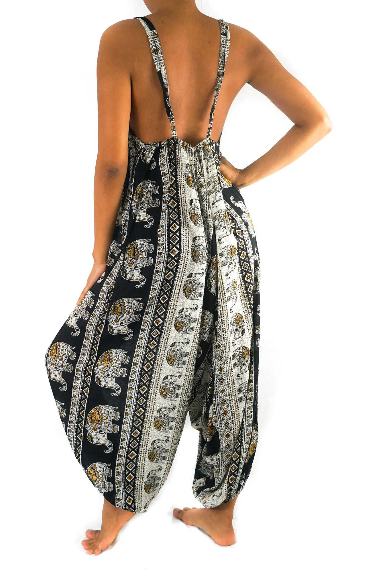 Bohemian Harem Jumpsuit- Black Elephant Tribal