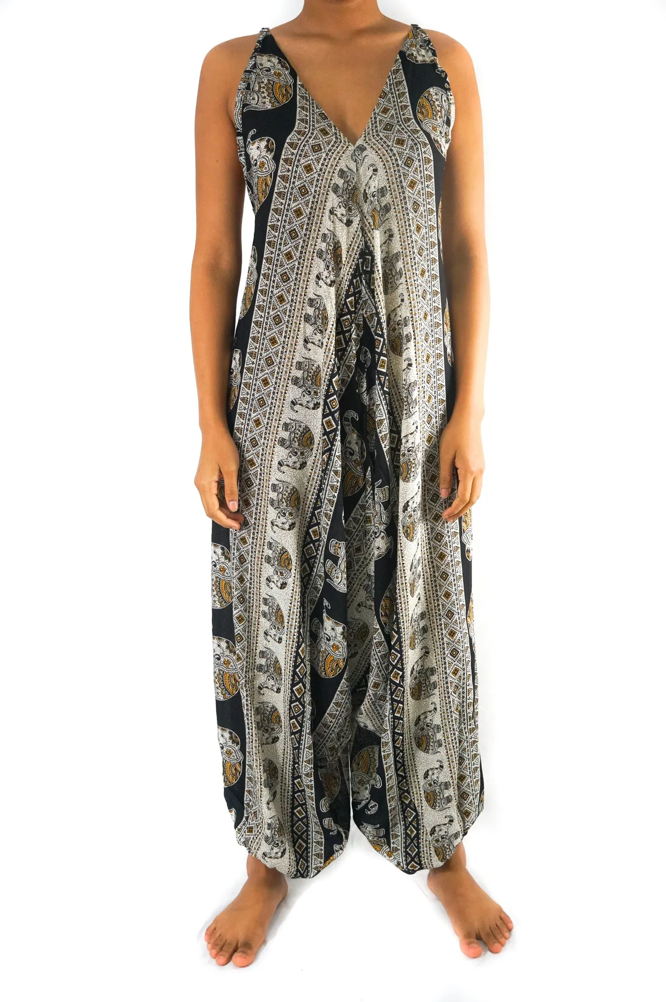 Bohemian Harem Jumpsuit- Black Elephant Tribal
