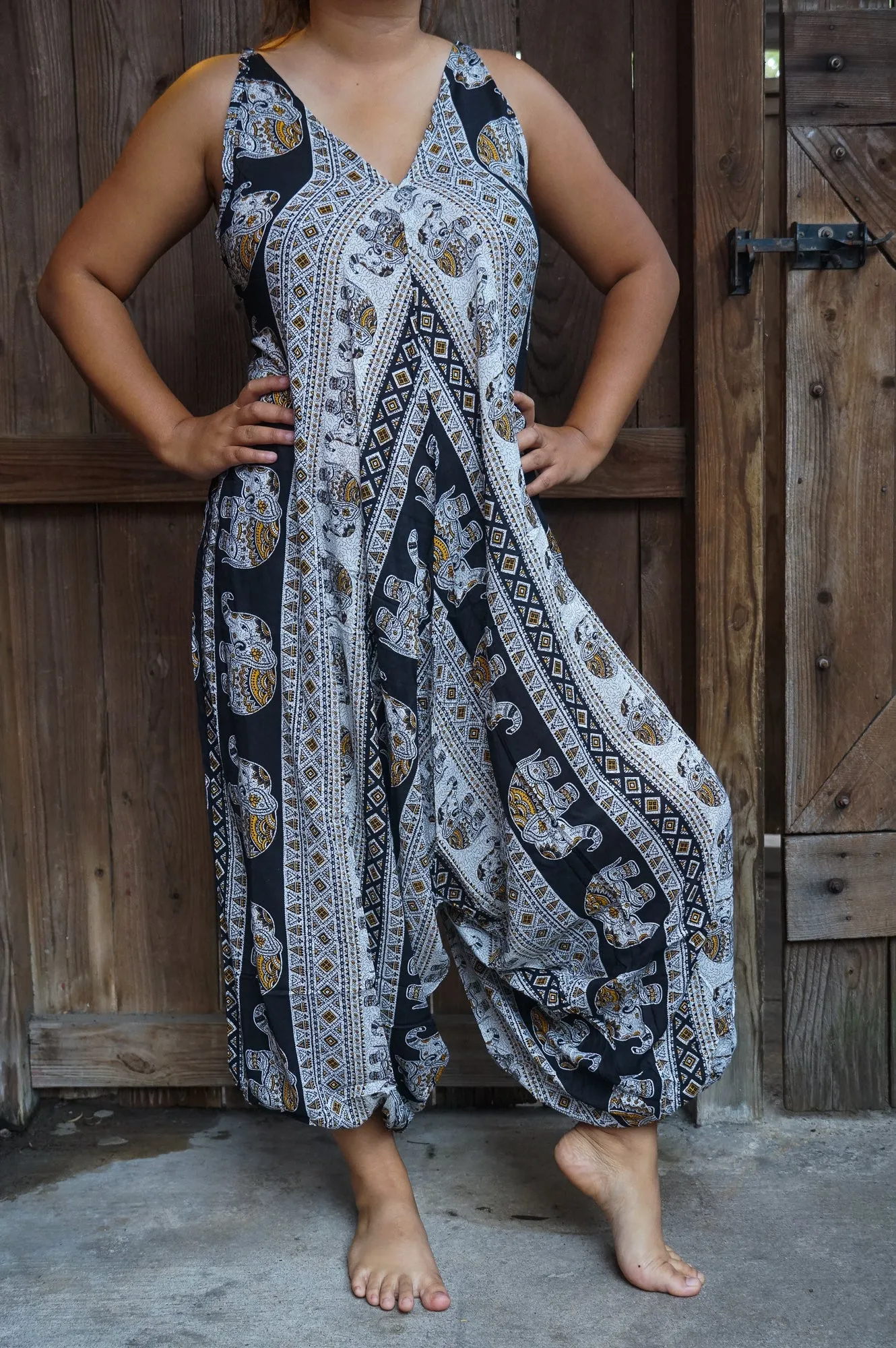 Bohemian Harem Jumpsuit- Black Elephant Tribal