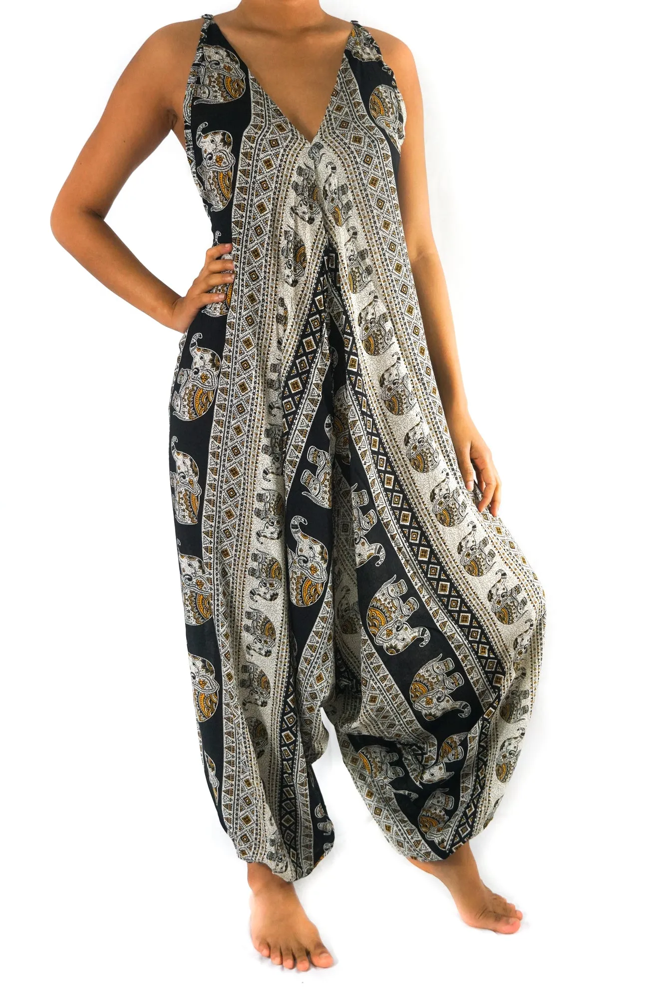 Bohemian Harem Jumpsuit- Black Elephant Tribal