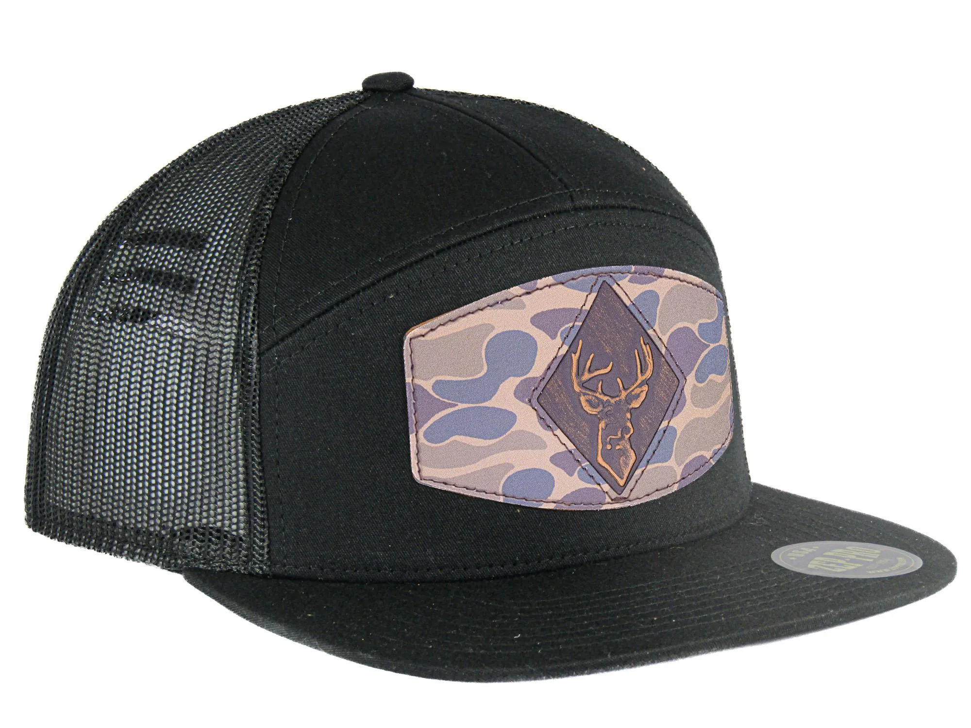 Buck Old School Camo Brown Leather Patch Hat. 7-Panel Modern Flat Bill Cap. Richardson 168 Trucker Snapback Hat. Hand Burnished Leather Patch