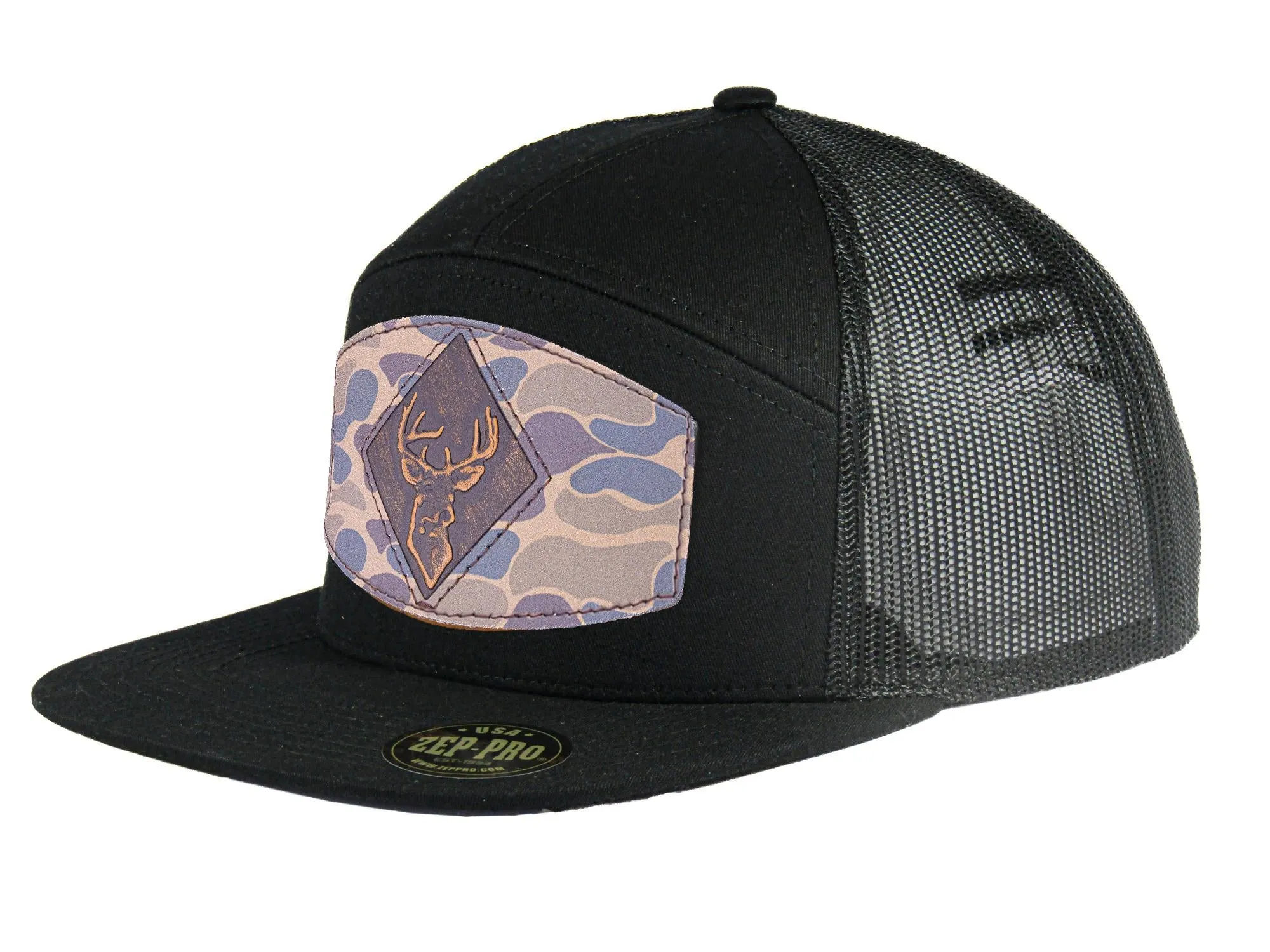 Buck Old School Camo Brown Leather Patch Hat. 7-Panel Modern Flat Bill Cap. Richardson 168 Trucker Snapback Hat. Hand Burnished Leather Patch