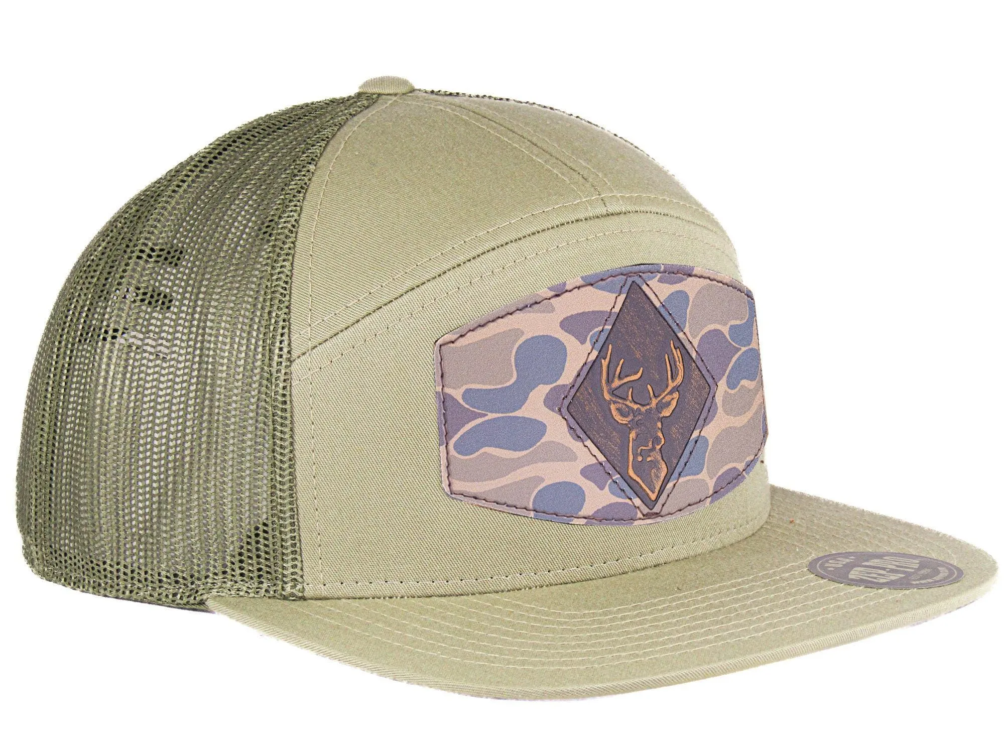 Buck Old School Camo Brown Leather Patch Hat. 7-Panel Modern Flat Bill Cap. Richardson 168 Trucker Snapback Hat. Hand Burnished Leather Patch