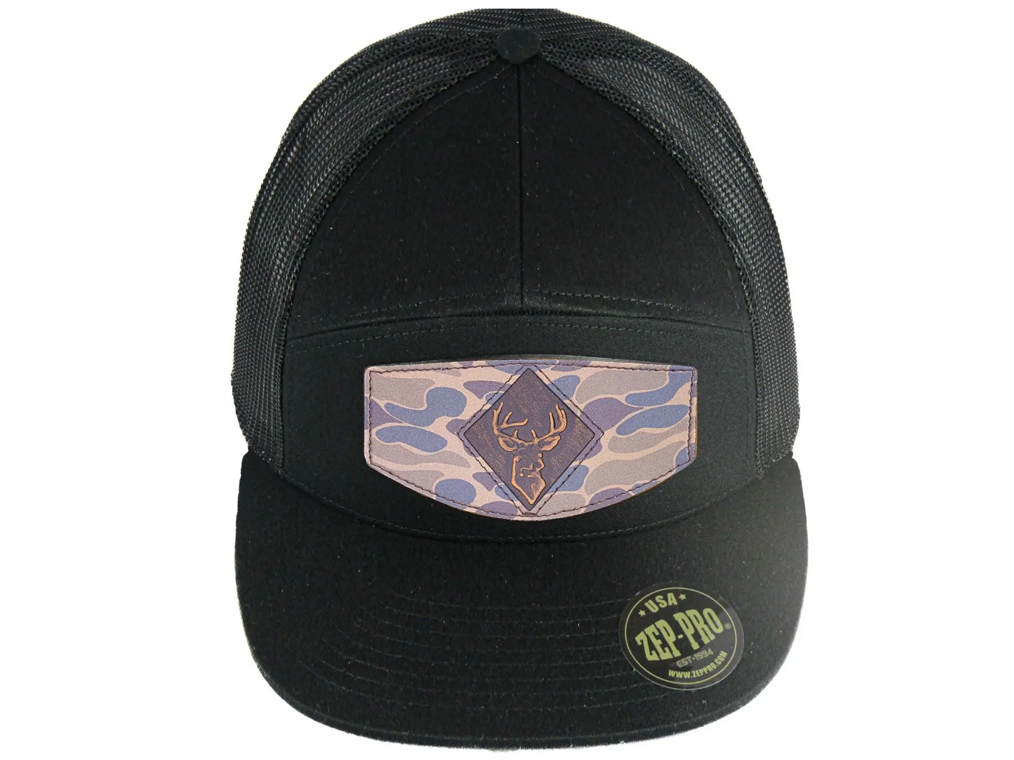 Buck Old School Camo Brown Leather Patch Hat. 7-Panel Modern Flat Bill Cap. Richardson 168 Trucker Snapback Hat. Hand Burnished Leather Patch