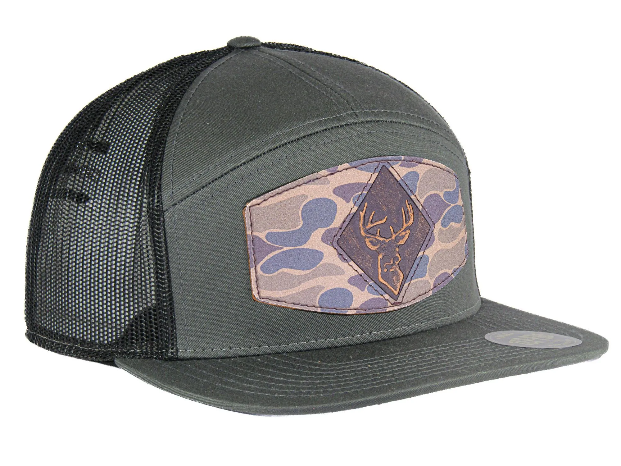 Buck Old School Camo Brown Leather Patch Hat. 7-Panel Modern Flat Bill Cap. Richardson 168 Trucker Snapback Hat. Hand Burnished Leather Patch