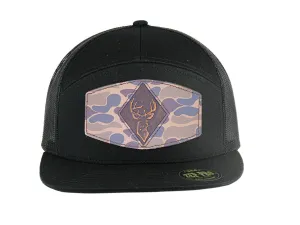 Buck Old School Camo Brown Leather Patch Hat. 7-Panel Modern Flat Bill Cap. Richardson 168 Trucker Snapback Hat. Hand Burnished Leather Patch