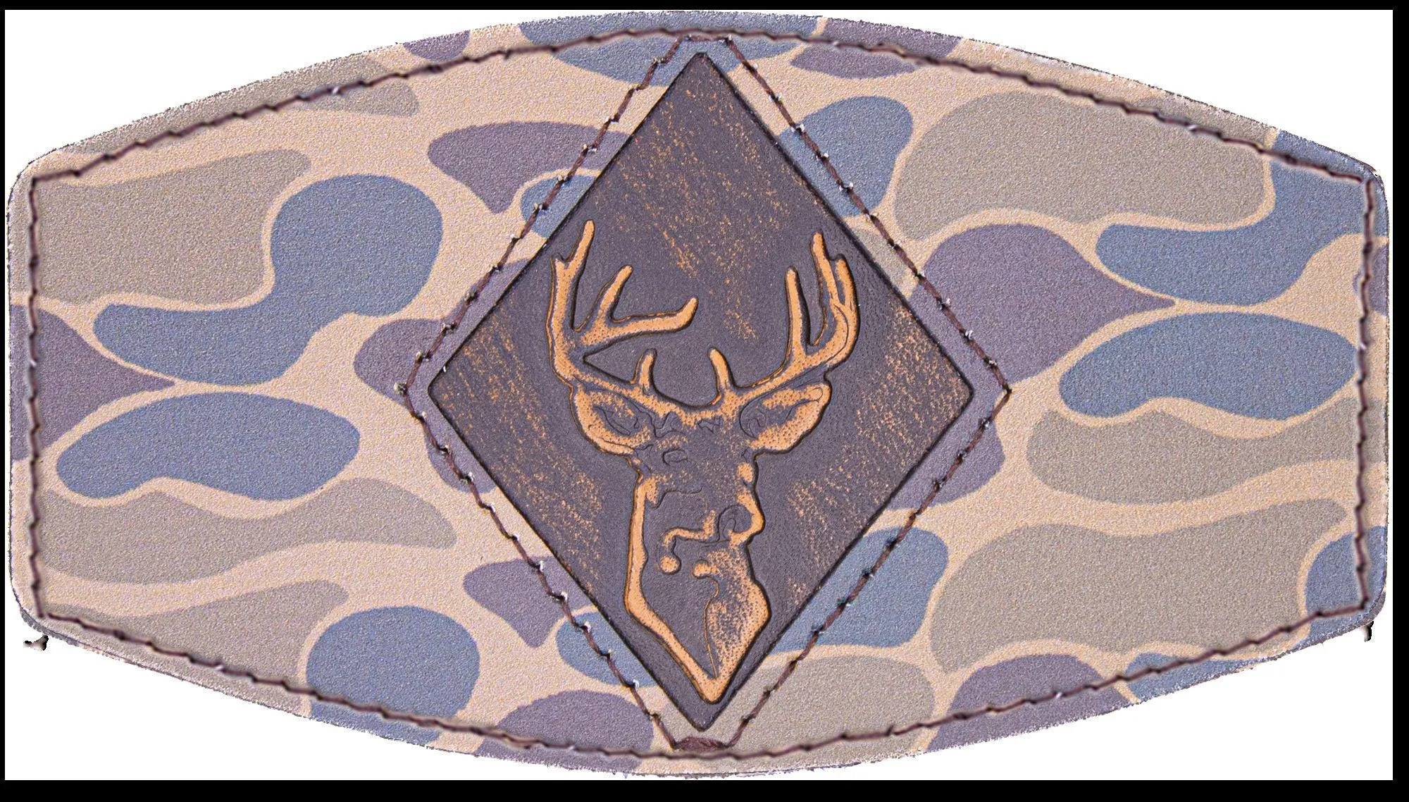Buck Old School Camo Brown Leather Patch Hat. 7-Panel Modern Flat Bill Cap. Richardson 168 Trucker Snapback Hat. Hand Burnished Leather Patch