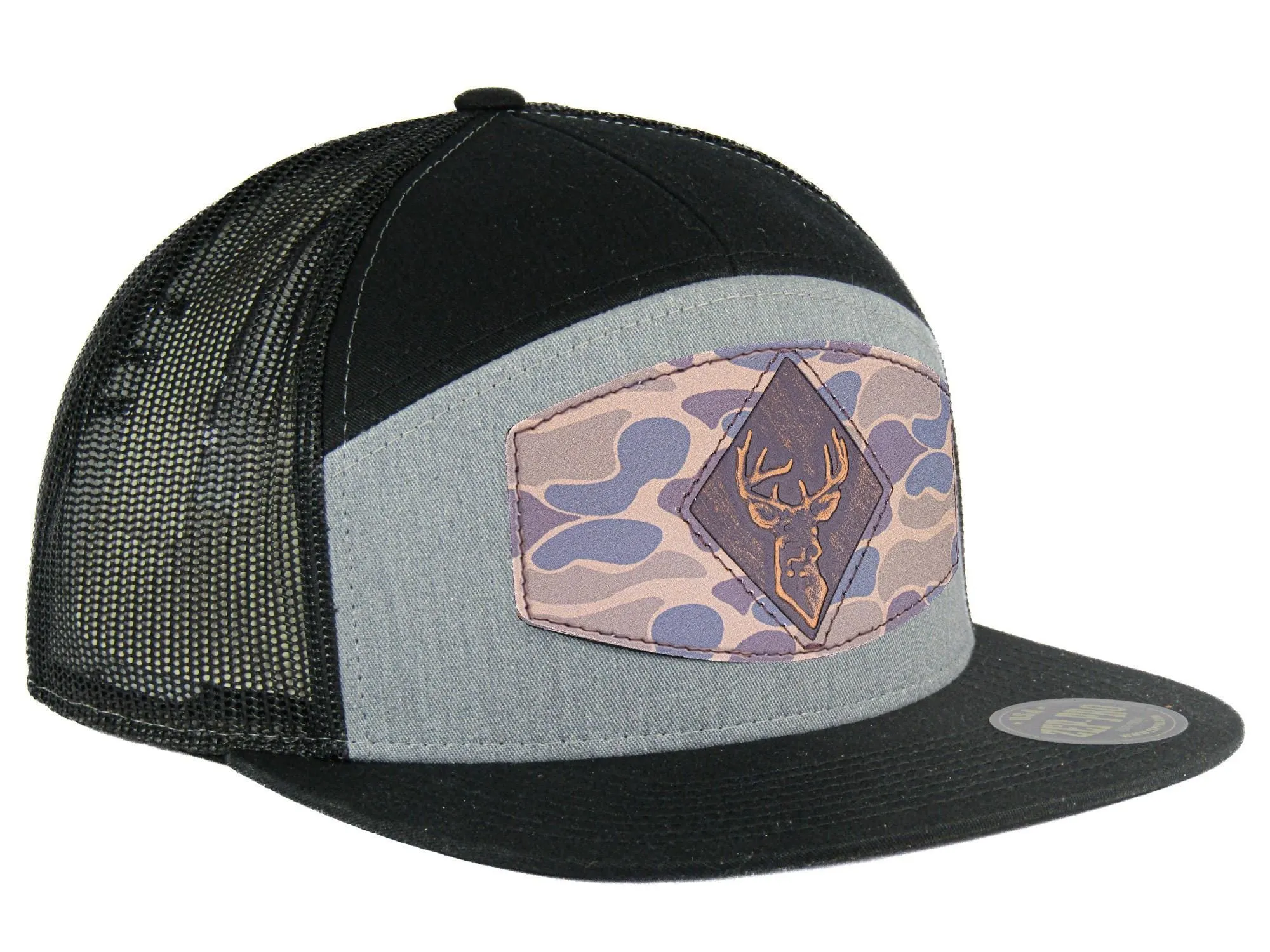 Buck Old School Camo Brown Leather Patch Hat. 7-Panel Modern Flat Bill Cap. Richardson 168 Trucker Snapback Hat. Hand Burnished Leather Patch