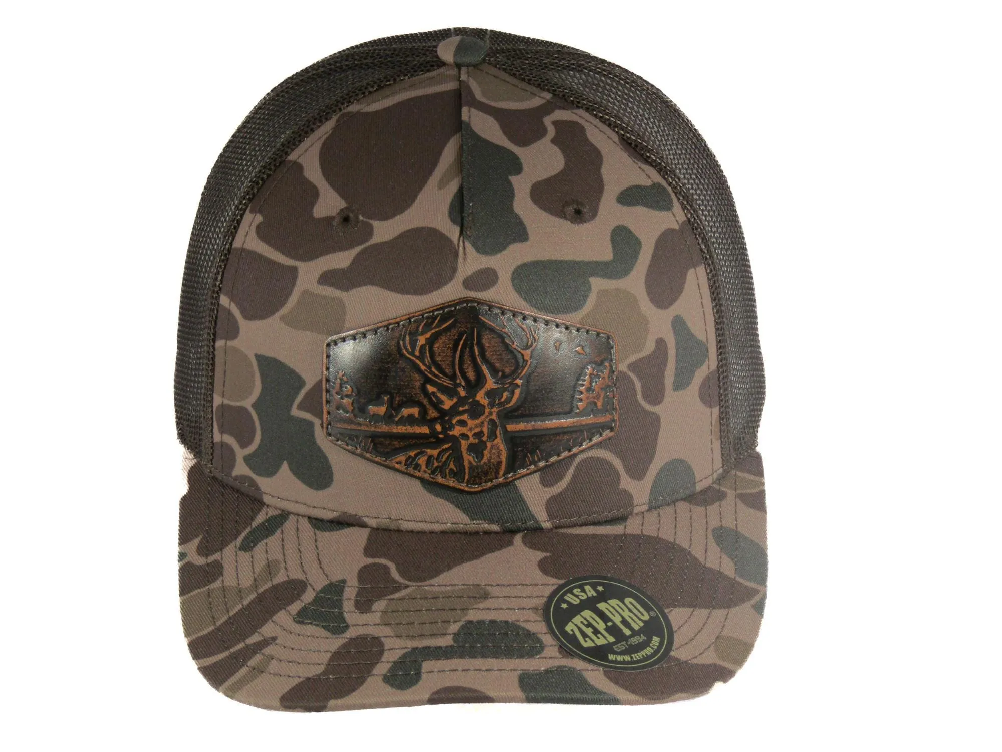 Buck Old School Camo Trucker Hat. Hand Burnished Full Grain Leather Patch. 5-Panel Richardson 112 Snapback Cap. Stitched Deer Leather Patch.