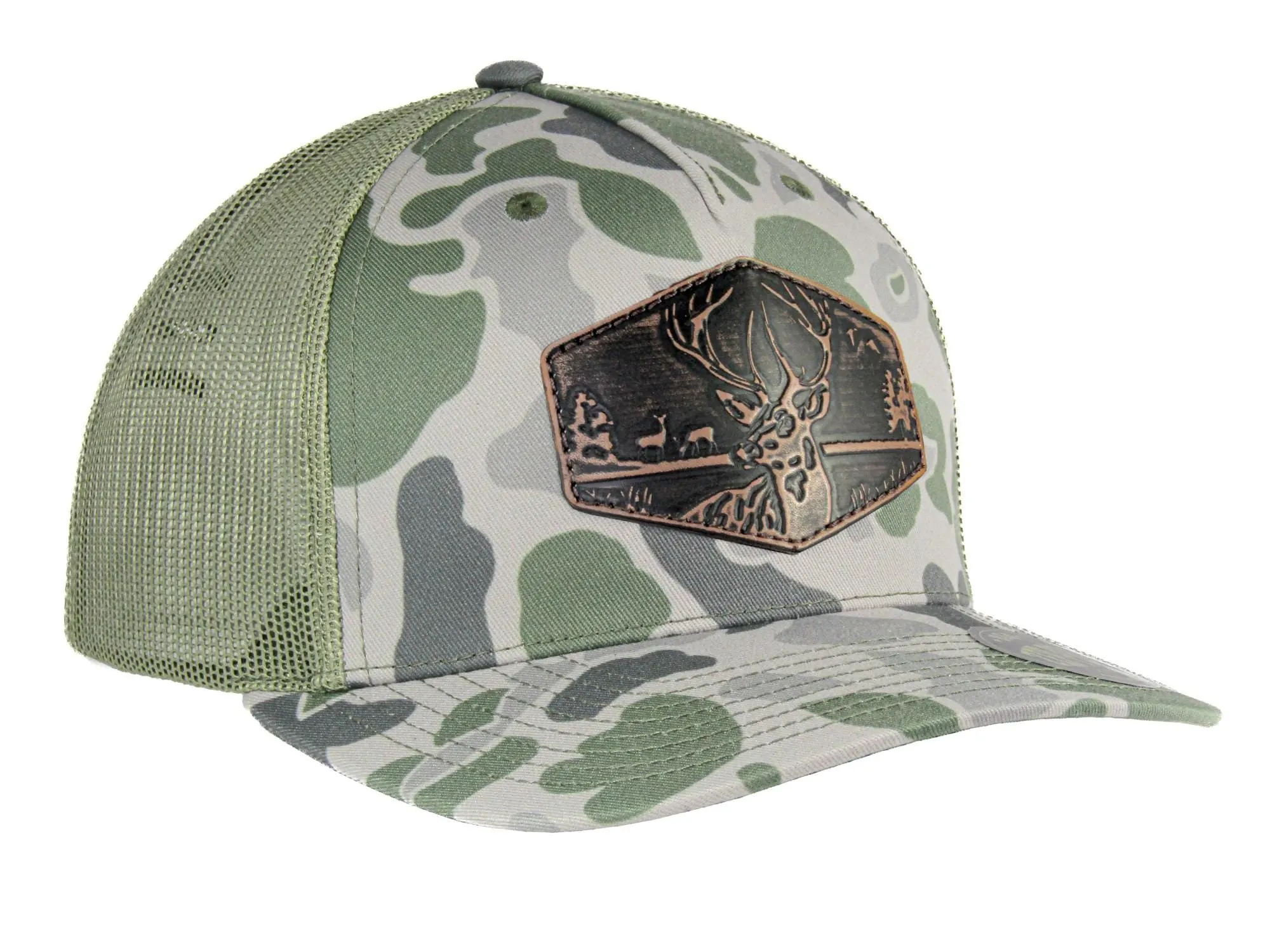 Buck Old School Camo Trucker Hat. Hand Burnished Full Grain Leather Patch. 5-Panel Richardson 112 Snapback Cap. Stitched Deer Leather Patch.